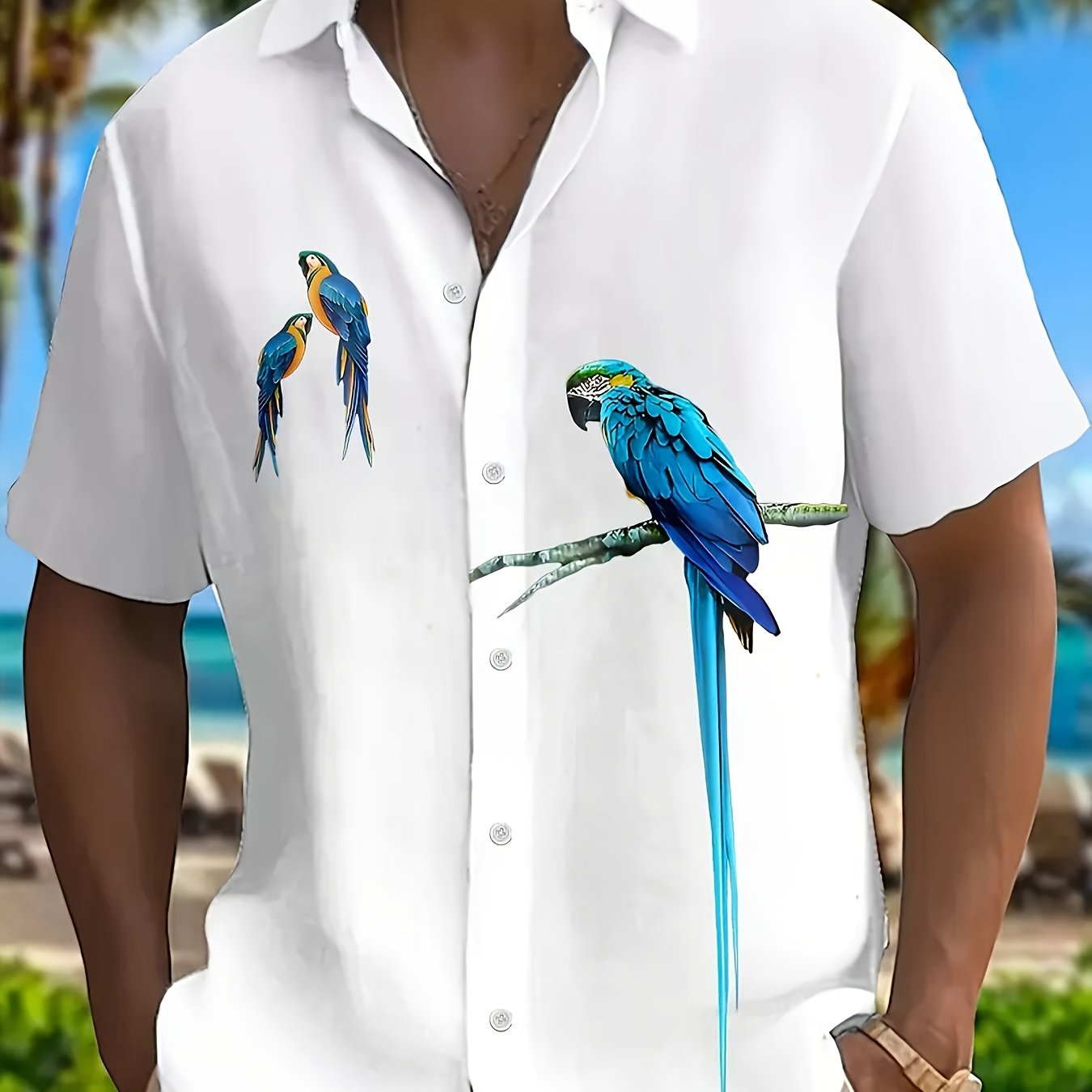 Men's Hawaiian Button- Shirt with Vibrant Parrot Print - Lightweight Breathable Short Sleeve Casual Shirt for Summer Vacation & Dates, Machine Washable Regular Fit, Ideal Gift for Him, Hawaiian Shirt, Date Night Apparel, Easy
