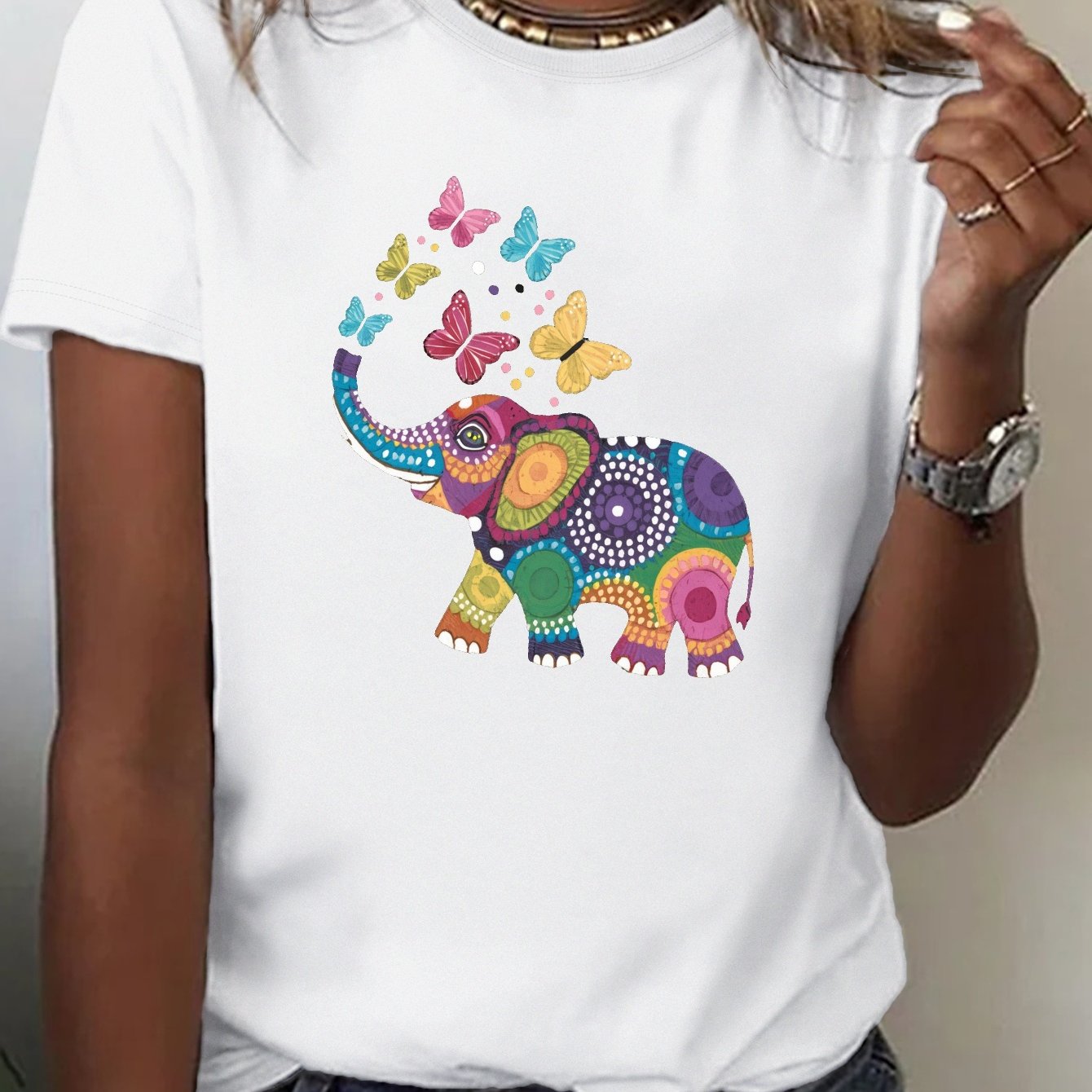 Plus Size Soft Elephant And Butterfly Graphic Women'S T-Shirt - Comfortable Casual Fit, Short Sleeves, Crew Neck, Machine Washable, Playful Print, Glossy Texture, Suitable For Casual Dressing 0XL-4XL