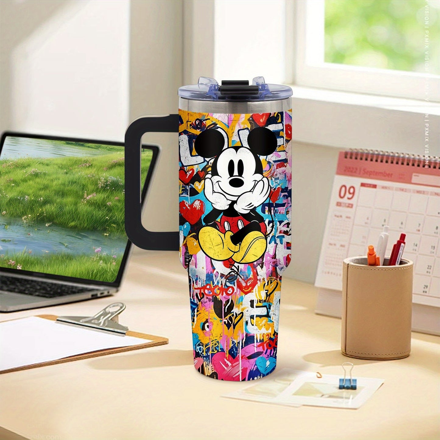 40oz Disney Mickey Mouse Stainless Steel Tumbler with Lid & Straw, BPA-Free, Vibrant Inkjet Design, Keeps Drinks Hot or Cold, Perfect for Camping, Indoor Use, and Gifts, Indoor Beverage Cup | Playful Graphic Cup | Easygrip Ha