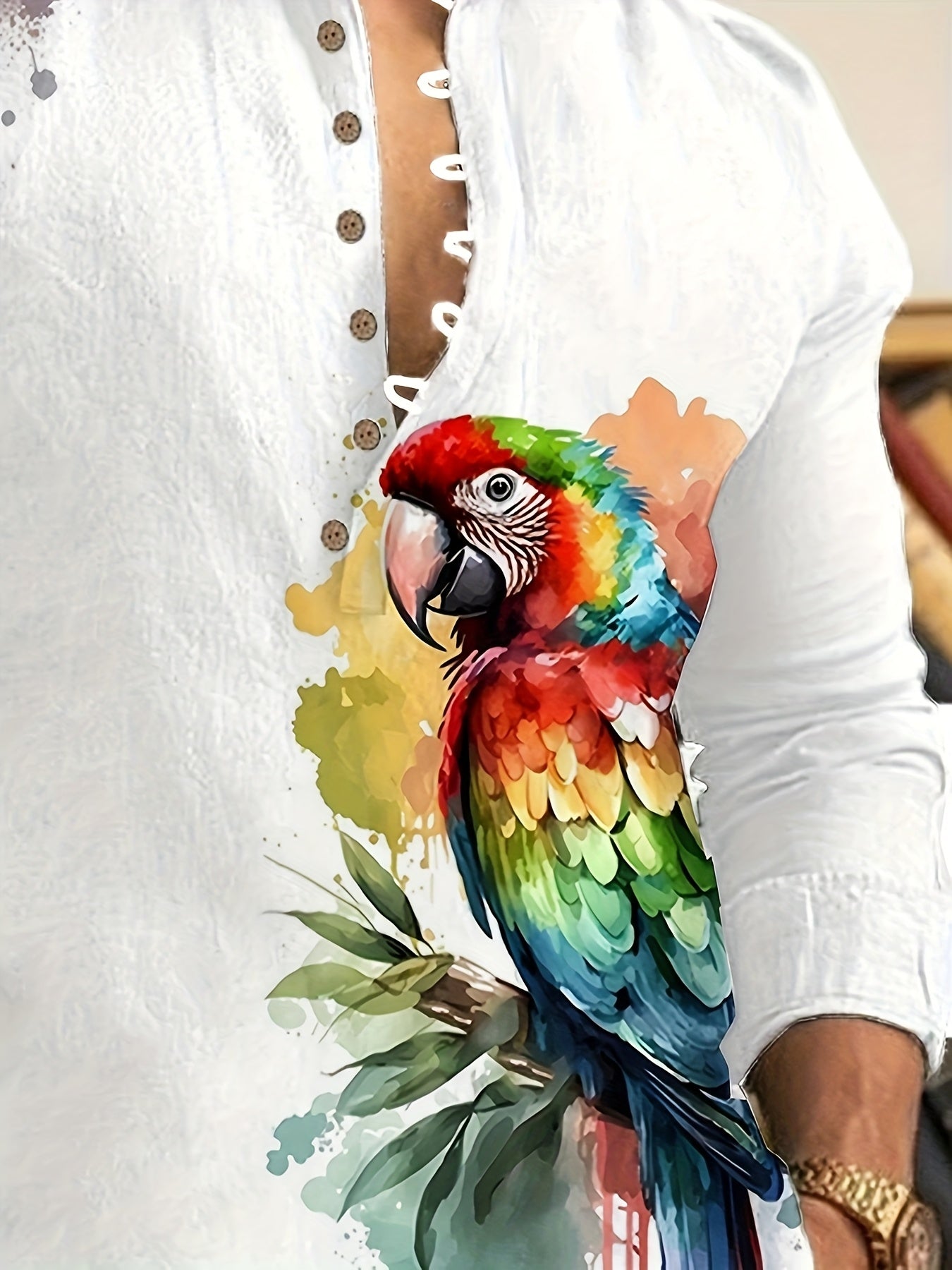 Men'S Casual Long Sleeve Button-Up Shirt with Vibrant Parrot & Floral Print - White, Stand Collar, Mandarin Style, Perfect for Spring & Fall, Casual Attire, Casual Wear | Vibrant Print Shirt | Mandarin Collar Shirt