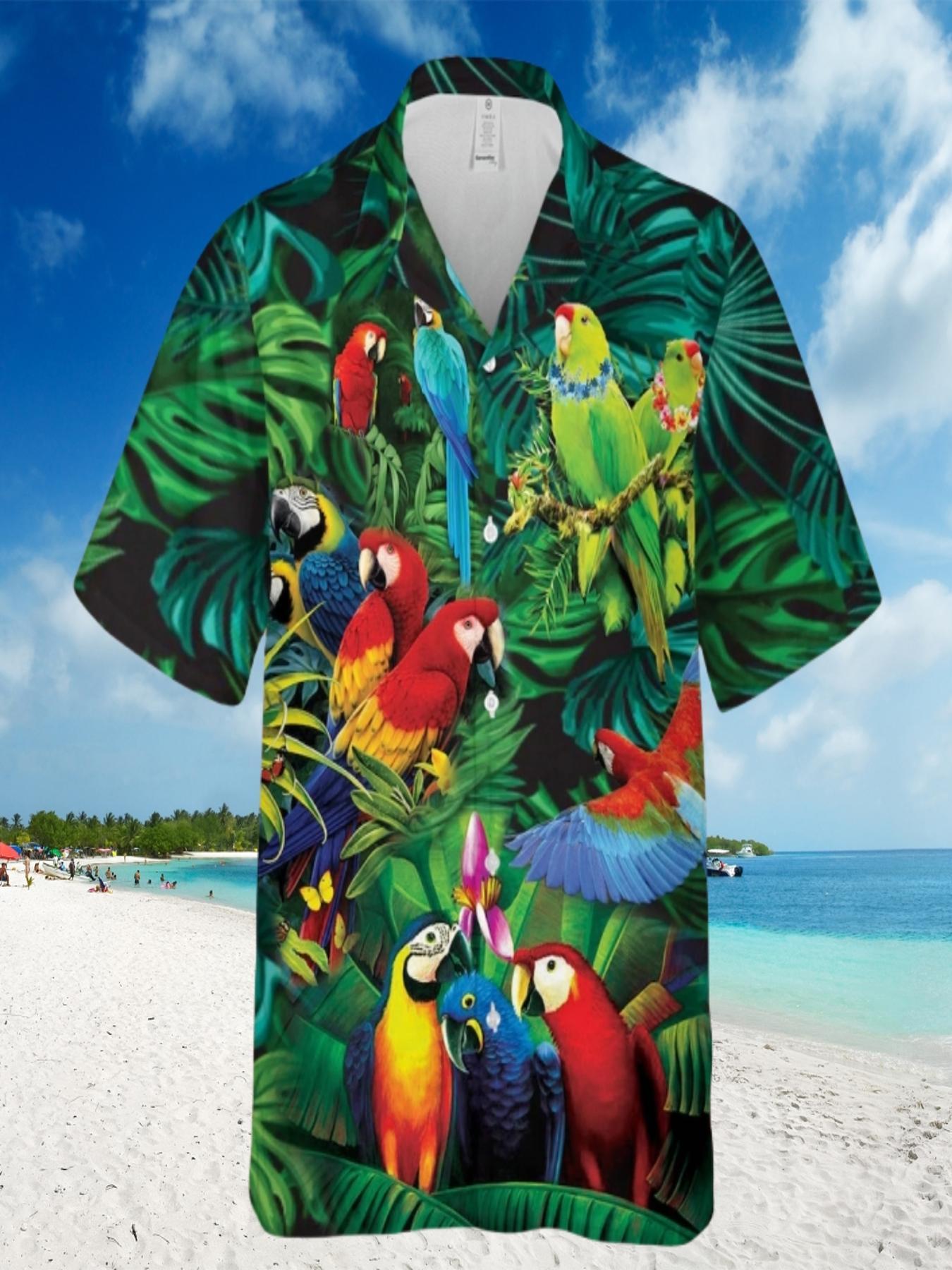 Men's Hawaiian Shirt - Tropical Parrot & Foliage Print, Unisex Loose Fit Short Sleeve Button-Up, Breathable Lightweight Fabric for Beach Vacation & Casual Summer Wear, Machine Washable, Romantic Resort Attire, Semitransparent