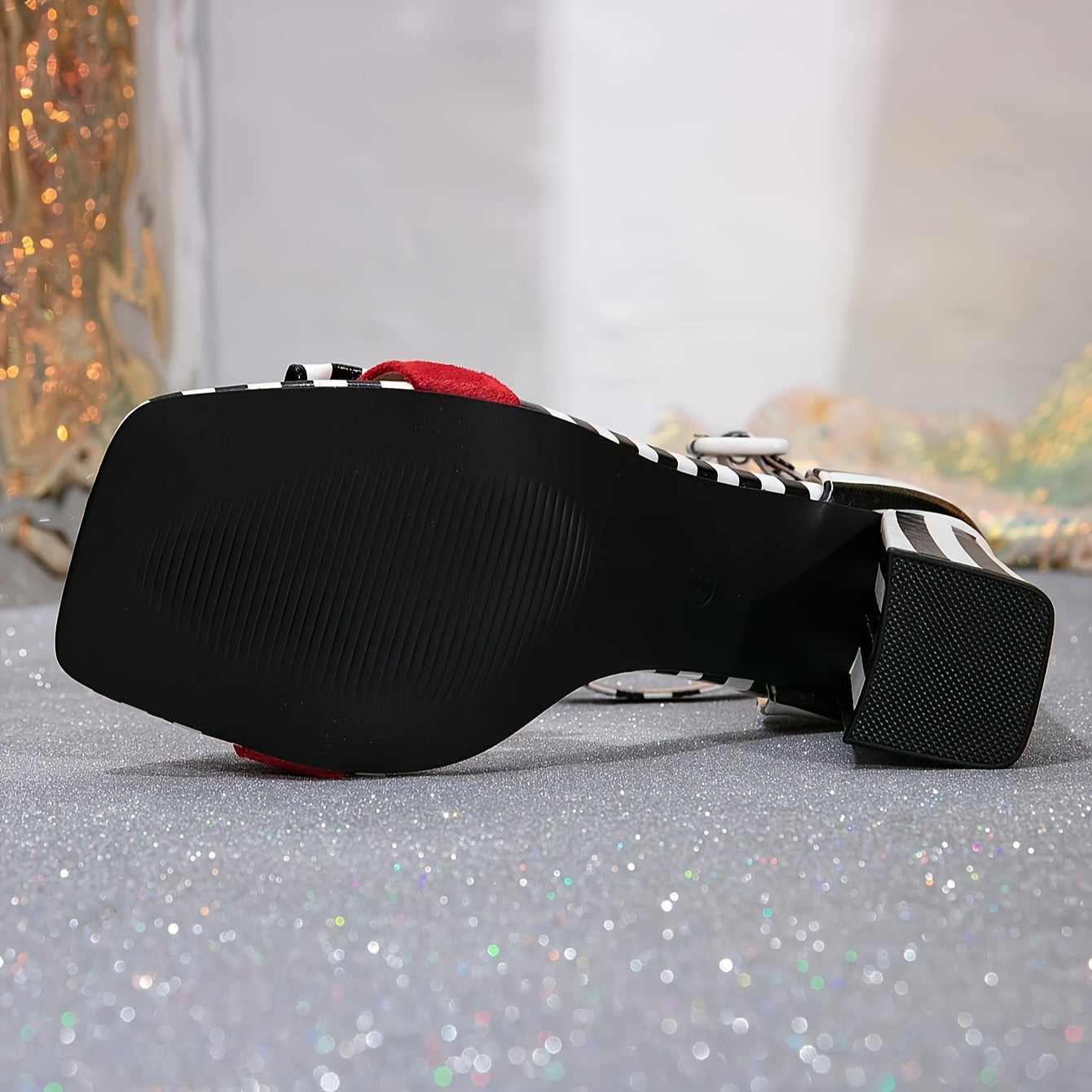 Elegant Black & White Striped High-Heel Sandals with Red Bow Accents - Stylish Ankle Strap, Block Heel, Open Toe Design for Women, Versatile Footwear|Sophisticated Style|Rubber Sole