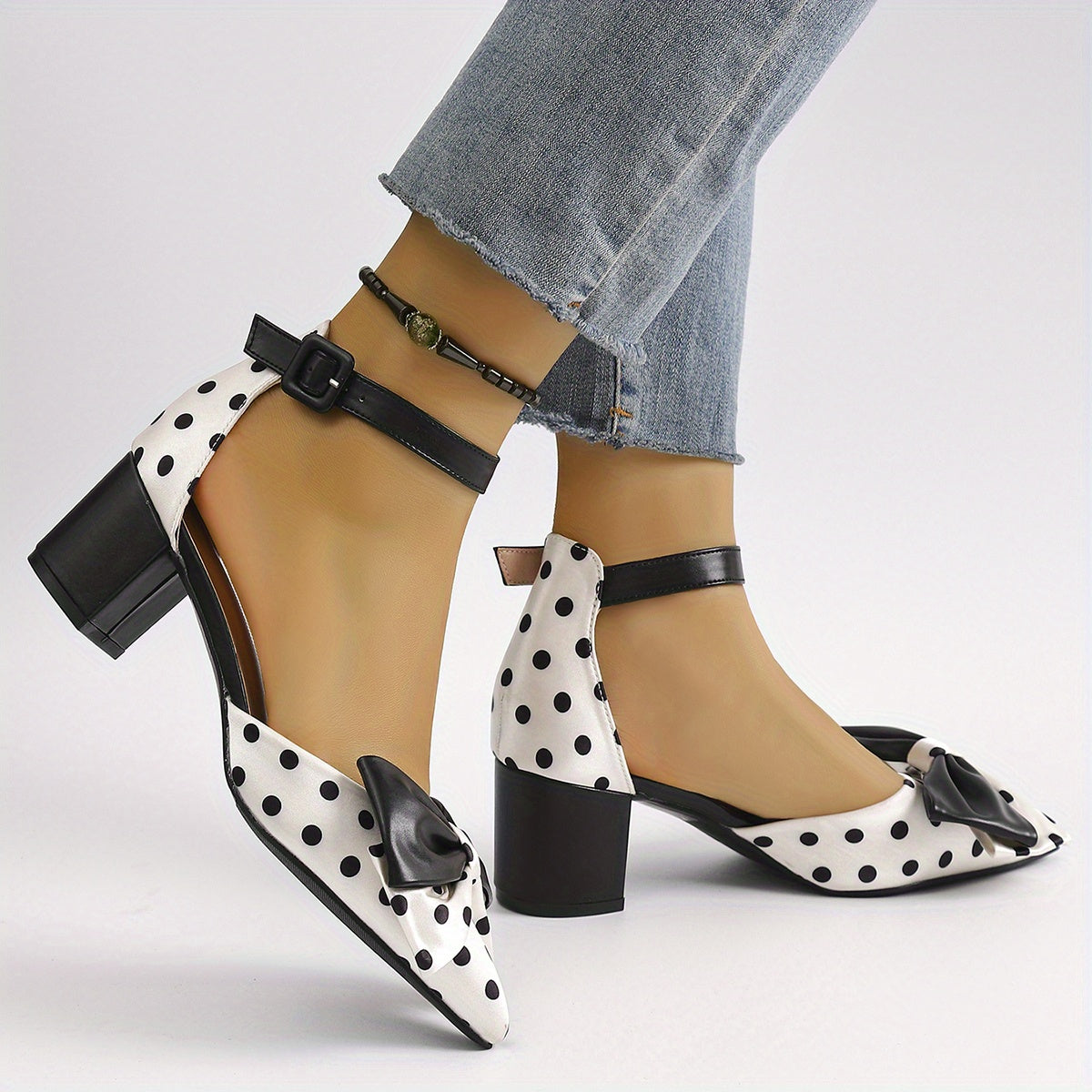 Women's Summer Pointed Toe Mary Jane High Heels with Polka Dot and Black Bow Accents Chunky Heel Breathable Synthetic Cover and TPU Sole Casual or Formal Occasions Stylish Sweet Aesthetic Shoes