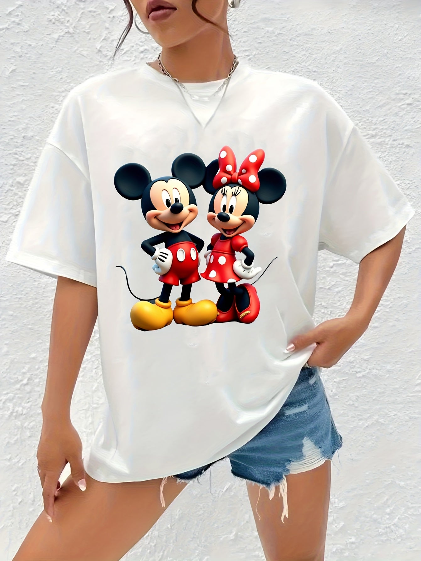 Disney Official Mickey & Minnie Mouse Graphic T-Shirt for Men - 220g Cotton Crew Neck Short Sleeve Tee with Umbrella Hem, All-Season Casual & Sportswear, Single-Sided Print (Style 23AB1), Smooth Texture Fabric