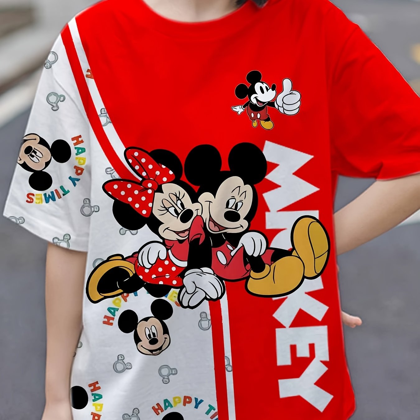 Disney Mickey 3D Printed Large Size T-shirt, Mickey 3D Red And White Stitching Printed Short Sleeves, Disney Mickey Mouse Large Size Women'S Clothing