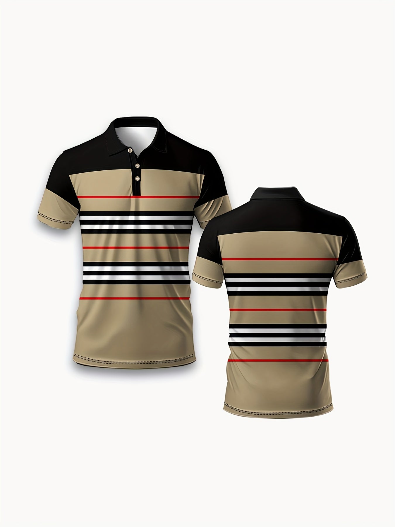 Men's Casual Striped Shirt - Breathable Short Sleeve, Beige/Black/Red/White Stripes, H-Fit for Spring/Summer Outdoor & Leisure Wear, Machine Washable, Smooth Texture Fabric, Classic Collar Design, Durable Summer Wear