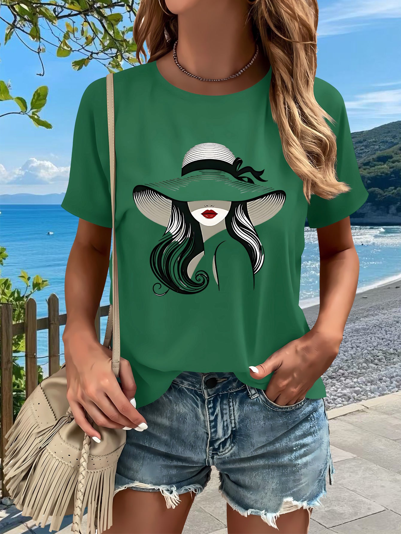 Hat Lady Gift 1pc New Women'S Summer T-Shirt, Printed, Short Sleeved Top, White, Red, Black, Green, Pink, Gray, Apricot, for Home, Outdoor, Party, Sports, Work, Vacation