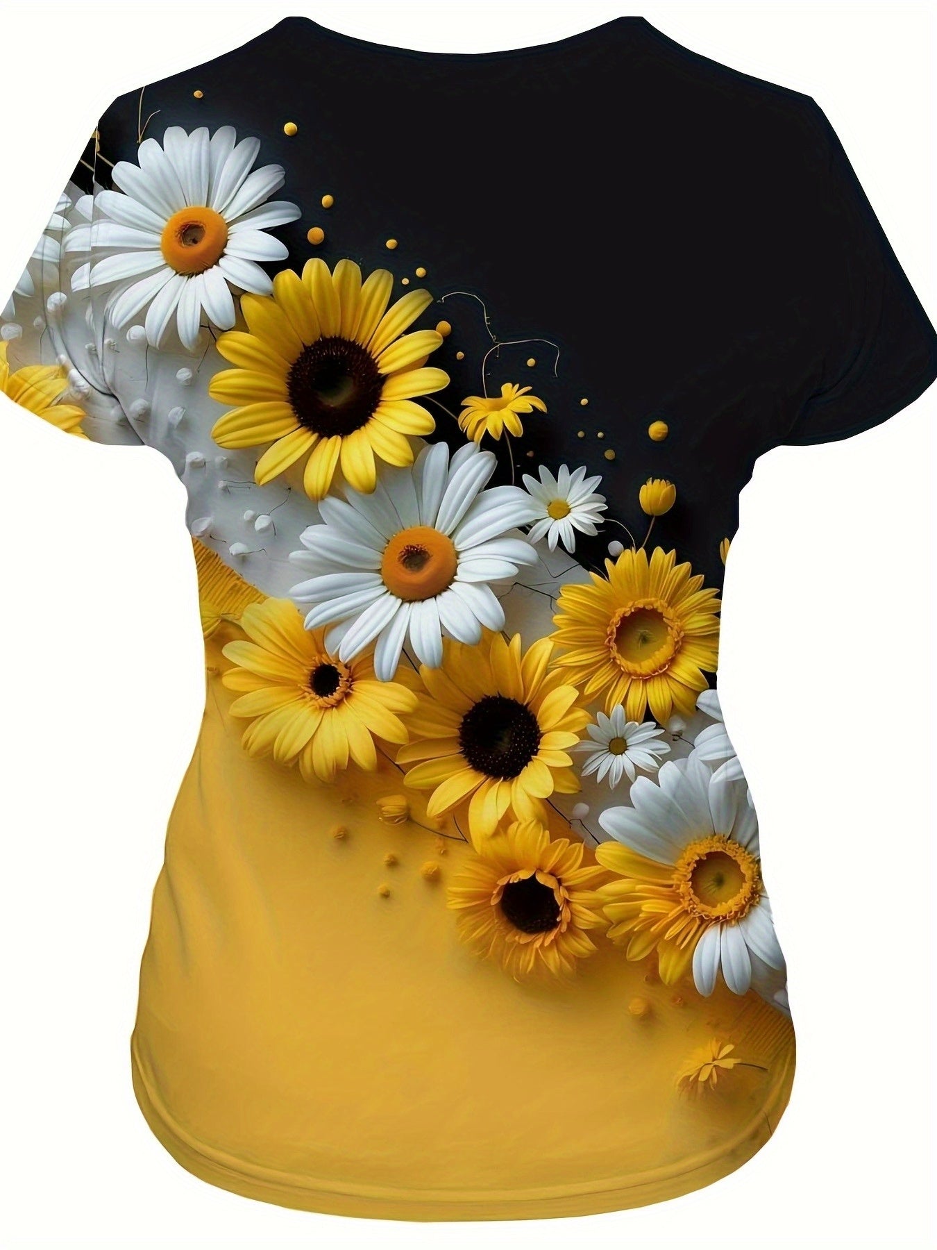 Women'S Sunflower Floral Print T-Shirt - Black & Yellow Contrast Color Block Design, Round Neck Casual Top, Breathable Machine-Washable Fabric, Spring Summer Fashion Gift, Seasonal Gift Clothing, Elegant Digital