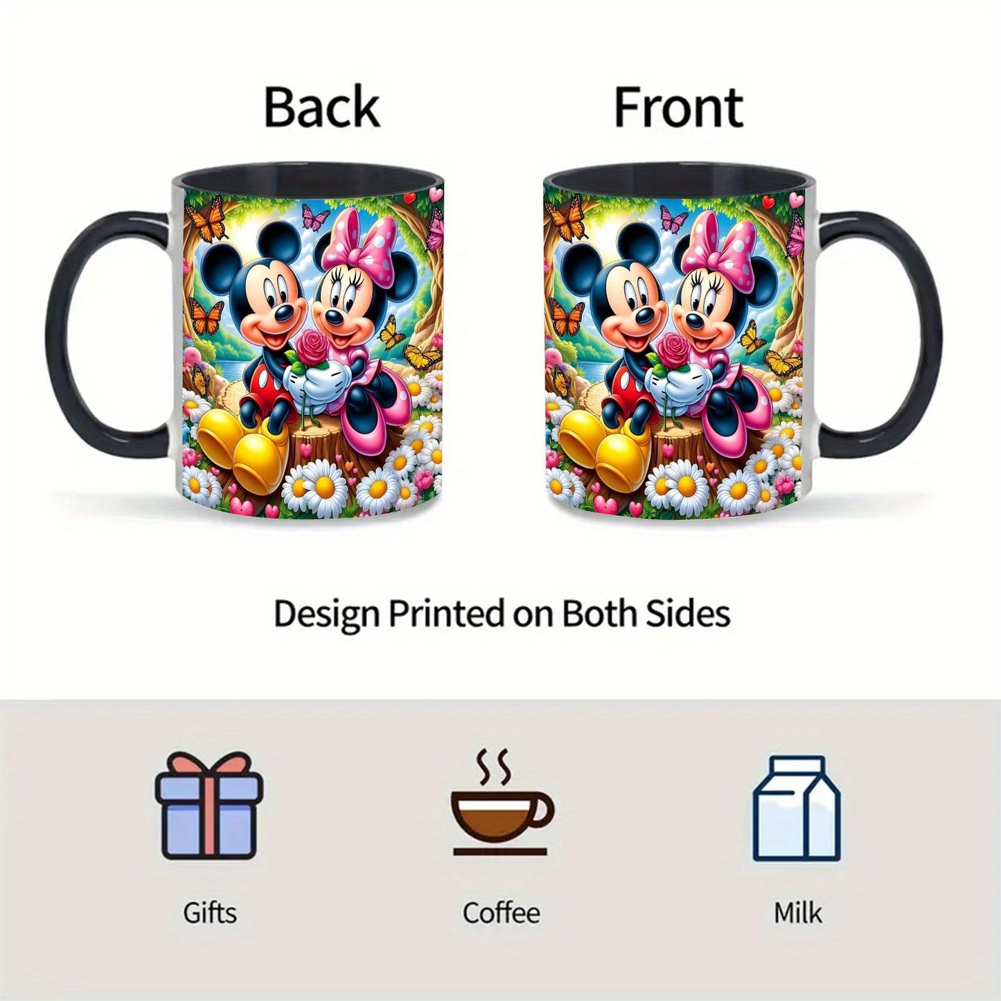 1pc Disney Mickey & Minnie Mouse 11oz Mug - Vibrant Tropical Design with Flowers, Butterflies & Hearts - Durable Coffee Tea Cup for Home, Office, Restaurants - Perfect Birthday Easter Gift for Disney Fans