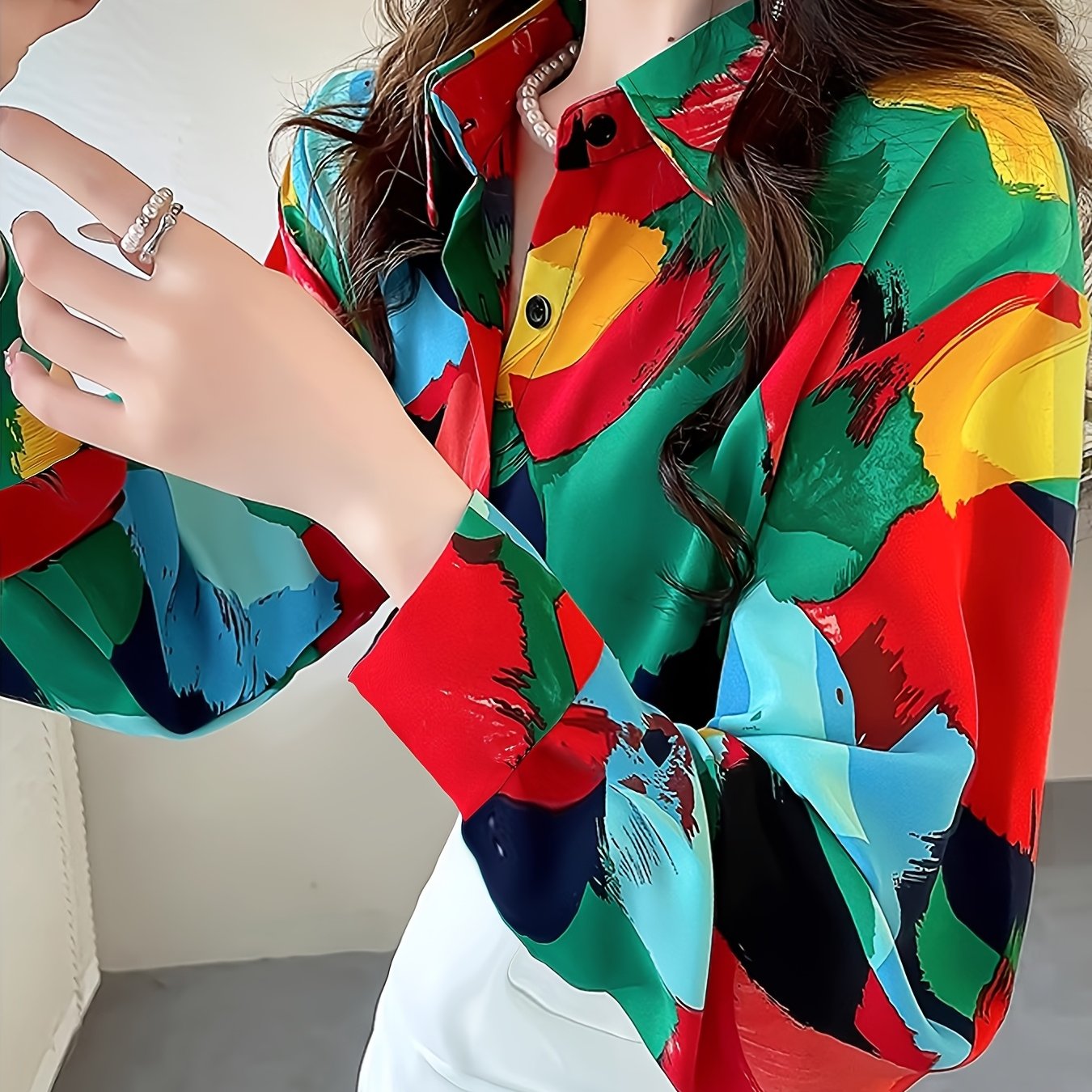 Women's Geometric Print Collar Blouse - Long Sleeve Button-Up Shirt with Vibrant Color Block Design, Fit & Machine Washable for Spring/Fall Casual & Formal Wear, Elegant Fashion Top, Sophisticated Pattern