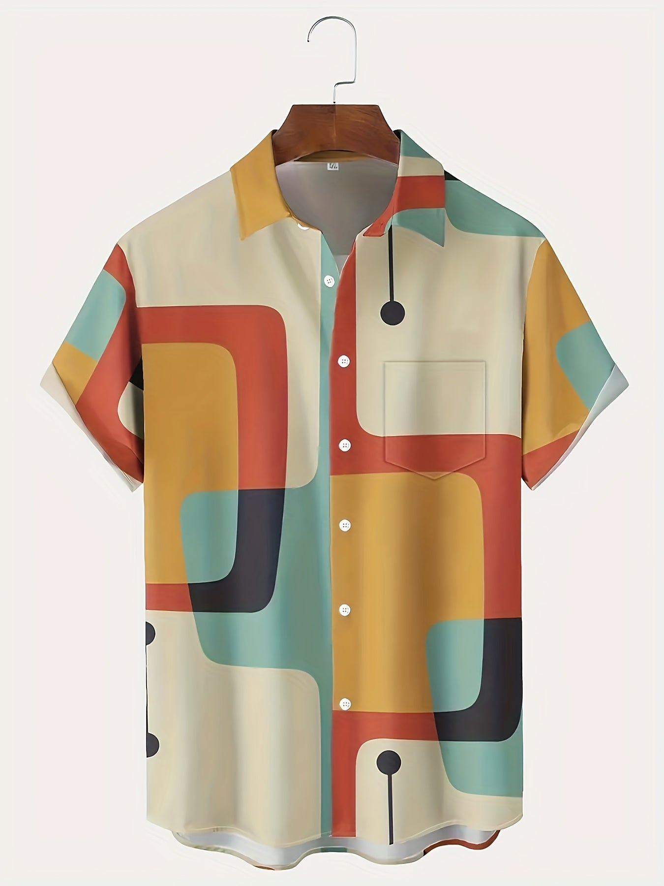 Men's Retro 1950s Geometric Atomic 3D Printed Short Sleeve Shirt 100 Percent Polyester Bright Color Block Design Regular Cut Chest Pocket Summer Casual Wear