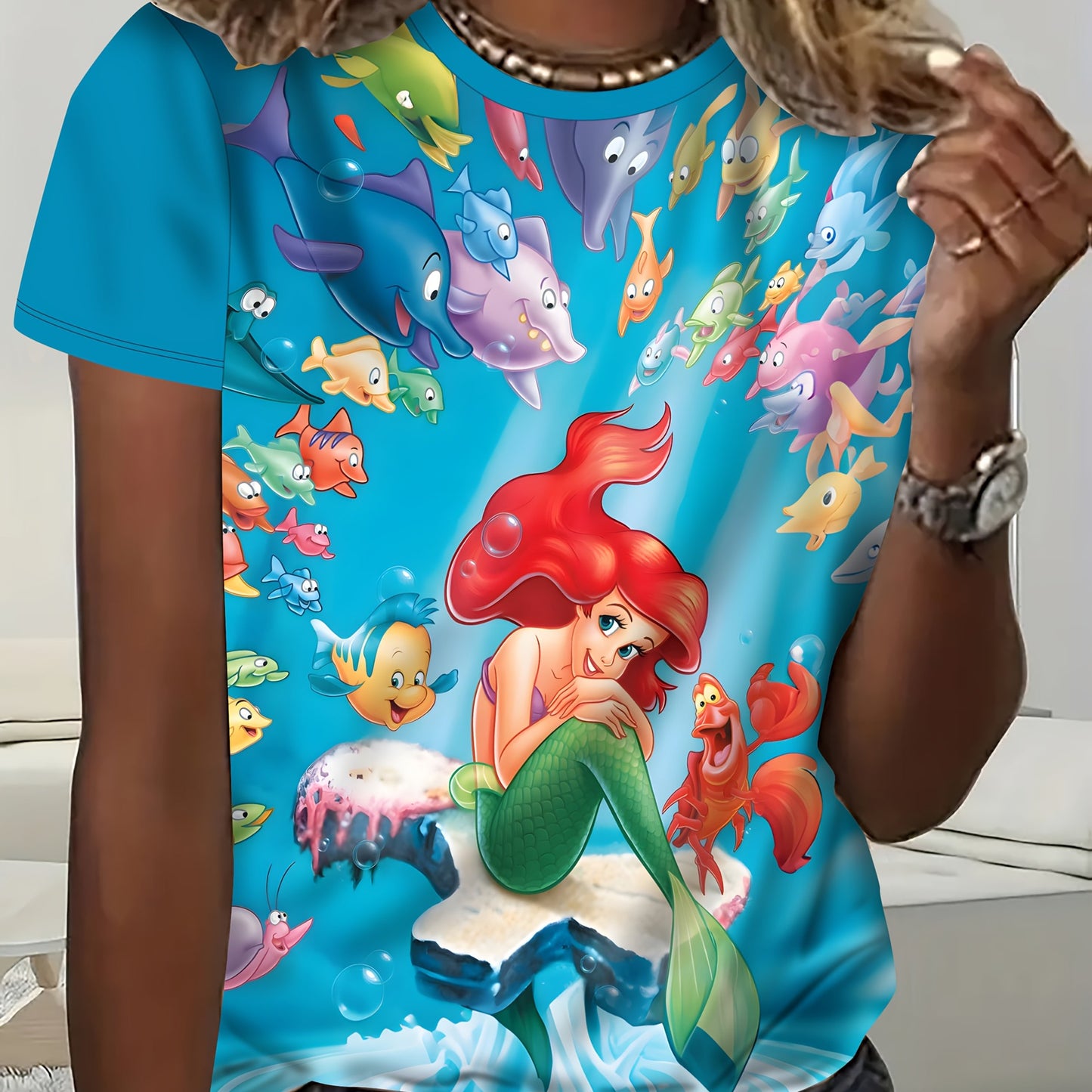 Women'S Summer Casual T-Shirt with Ariel the Youngsters of the Sea, Over 1000 Leagues Sulley & Jafar Print, Vibrant Short Sleeve Top