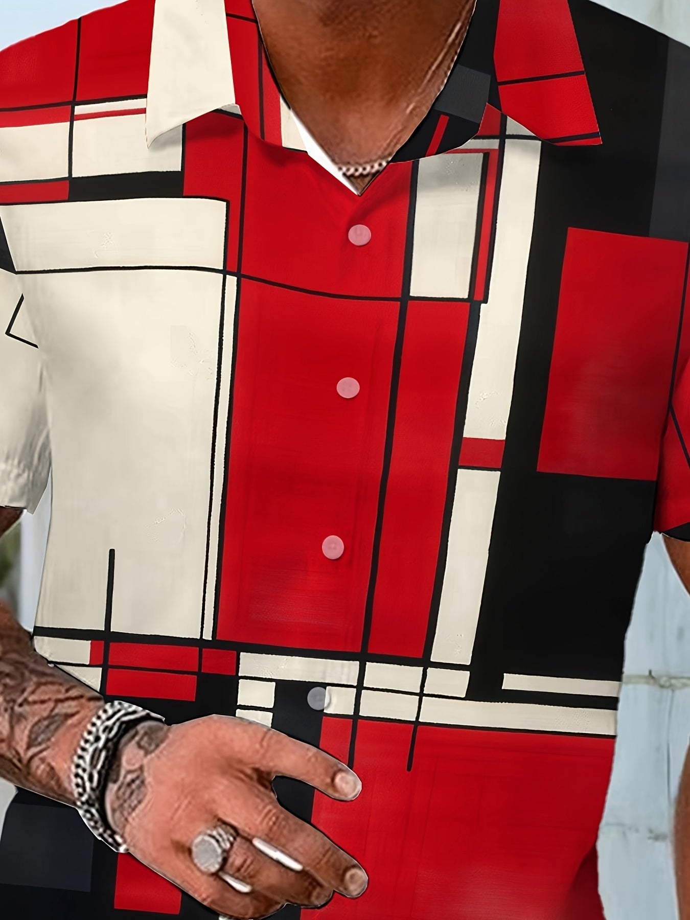 Men's Casual Short-Sleeve Shirt | Multi-Color Geometric Print | Polyester, Non-Stretch Fabric | Machine Washable | Summer Fashion with Turn- Collar & Button Details | Ideal for Daily Wear, Short Sleeve Tops
