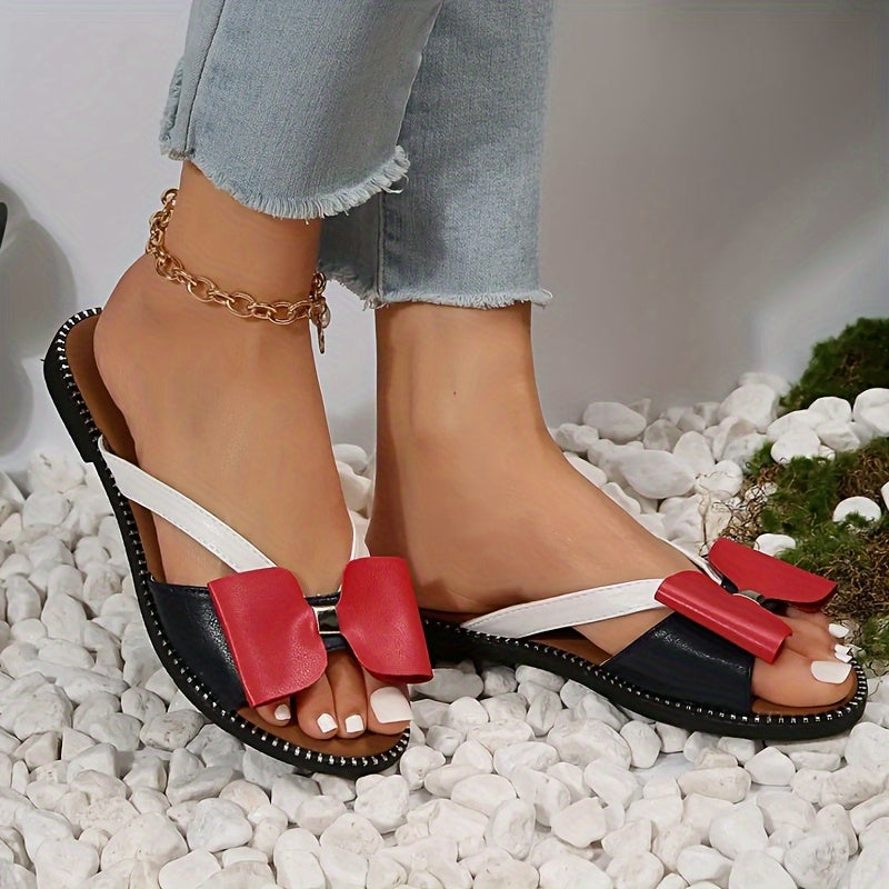 2025 Summer Women's Casual Flat Sandals with Red Bow Detail Open Back Strap Soft Sole Beach Slippers Comfortable Outdoor Daily Wear Cute Style