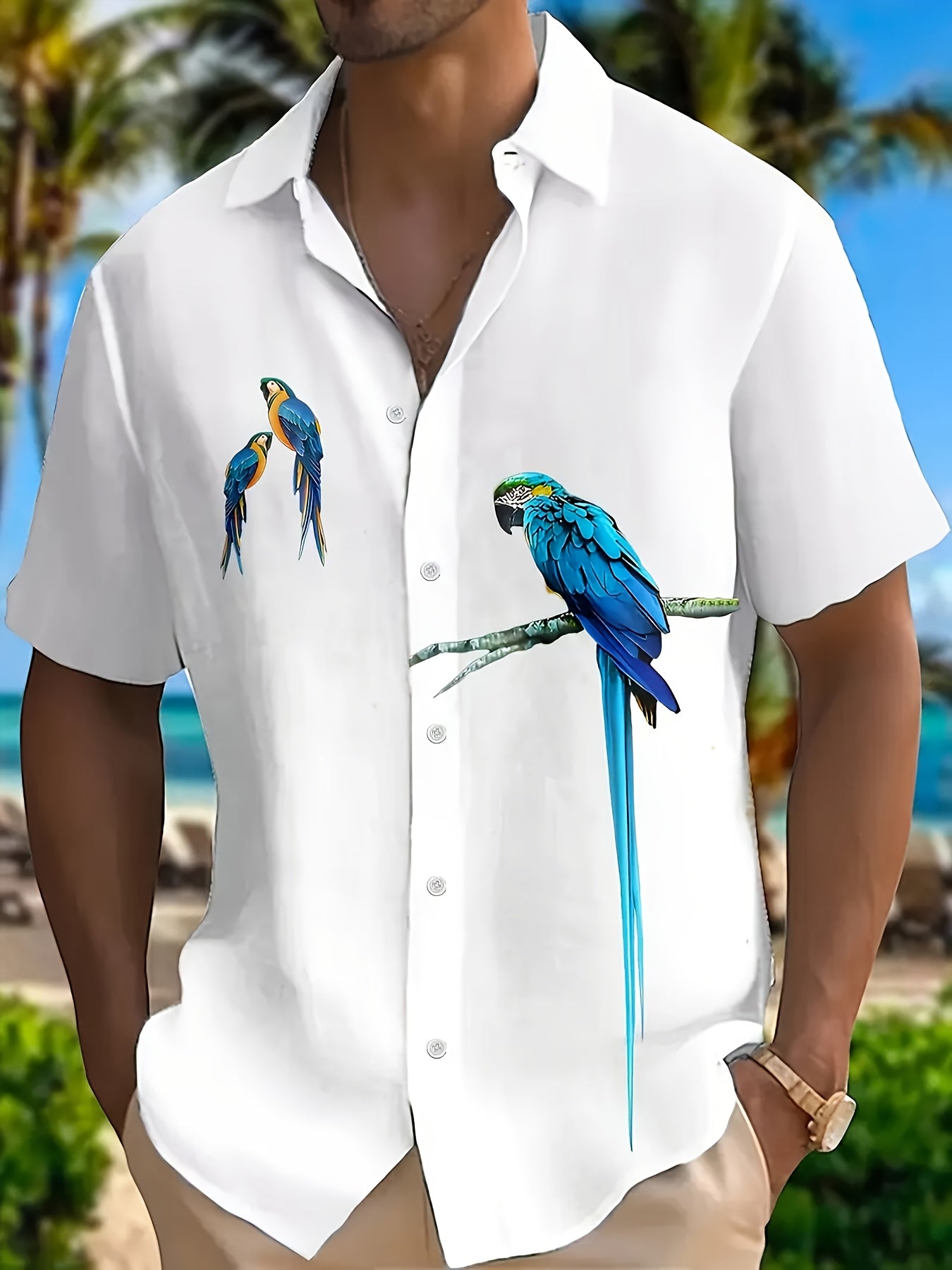 Men's Hawaiian Button- Shirt with Vibrant Parrot Print - Lightweight Breathable Short Sleeve Casual Shirt for Summer Vacation & Dates, Machine Washable Regular Fit, Ideal Gift for Him, Hawaiian Shirt, Date Night Apparel, Easy