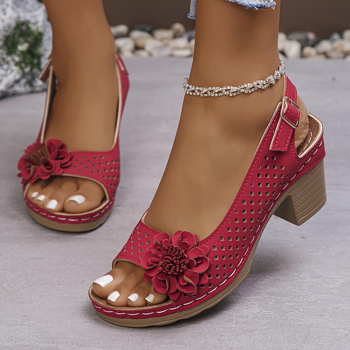 Women's Summer Korean-Inspired Floral Embroidered Sandals - Breathable Mesh Upper, Adjustable Ankle Strap & Hook-and-Loop Closure, Mid-Heel TPR Sole - Yellow & Pink Options for Casual Outings, Stylish Outdoor Footwear, Embell