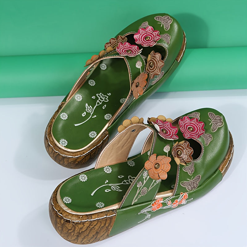 Women's Slip-On Platform Sandals - Ethnic Floral sandals with Cushioned PU Sole, Closed-Toe for Beach, Casual, Formal Events - Green & Pink Floral accents - All-Day Comfort Footbed - Women's Bohemian Footwear, Ladies Shoes An
