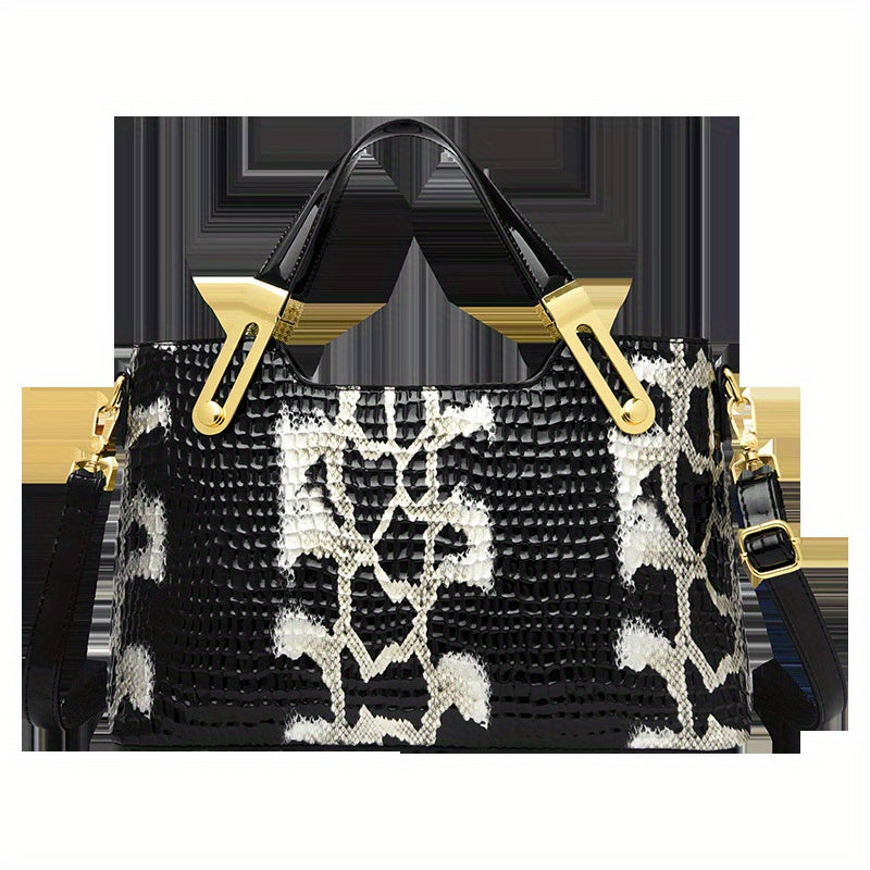 Large Capacity Crocodile Embossed Synthetic Crossbody Bag Black Vintage European American Style Shoulder Bag with Golden Tone Hardware Zipper Closure Polyester Lining