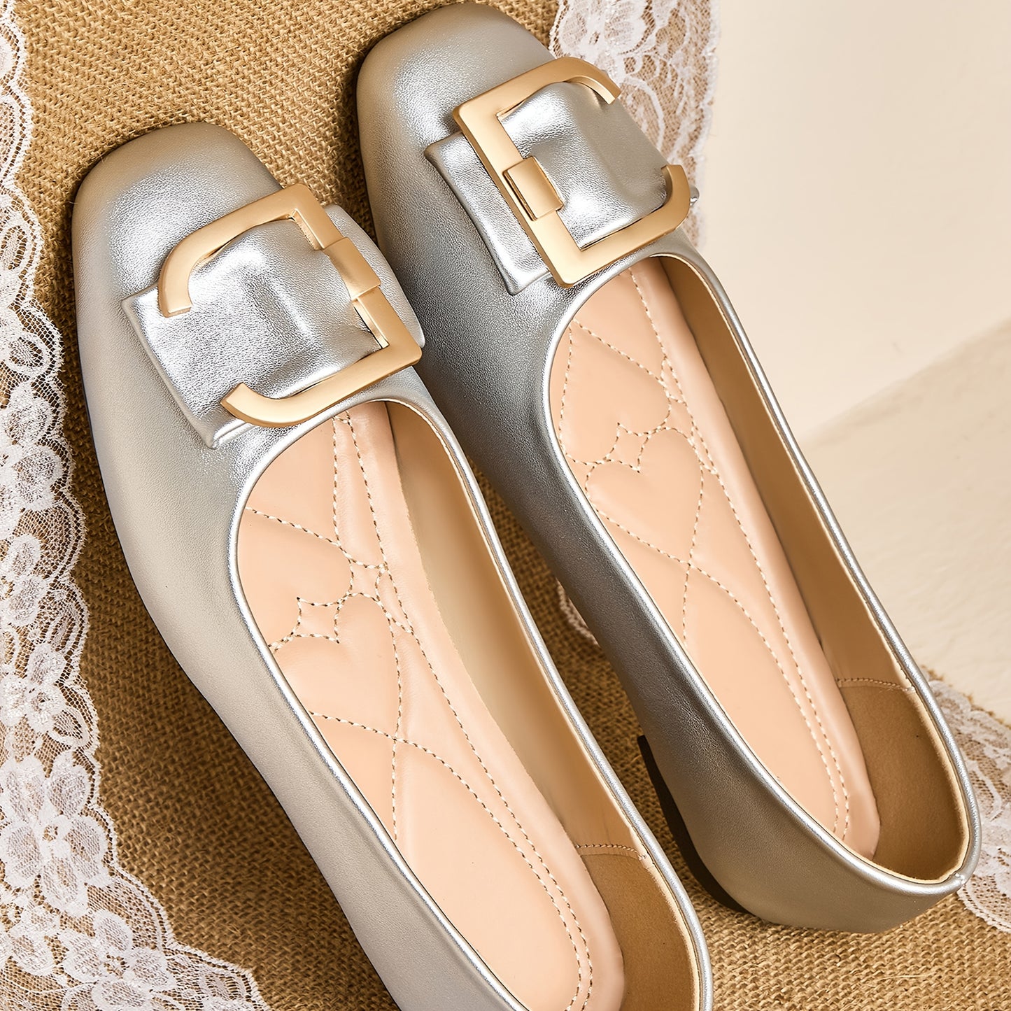 Women's Elegant Square Toe Flats - Summer 2025 Collection, Breathable Faux Cover Slip-On Shoes with Golden Buckle Detail and Soft Rubber Sole