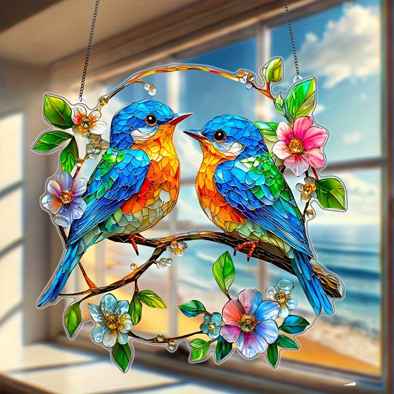 2D Flat 1pc Acrylic Blue Birds Garden Suncatchers 8x8 Window Hanging Gifts for Bird Lovers Home Decor