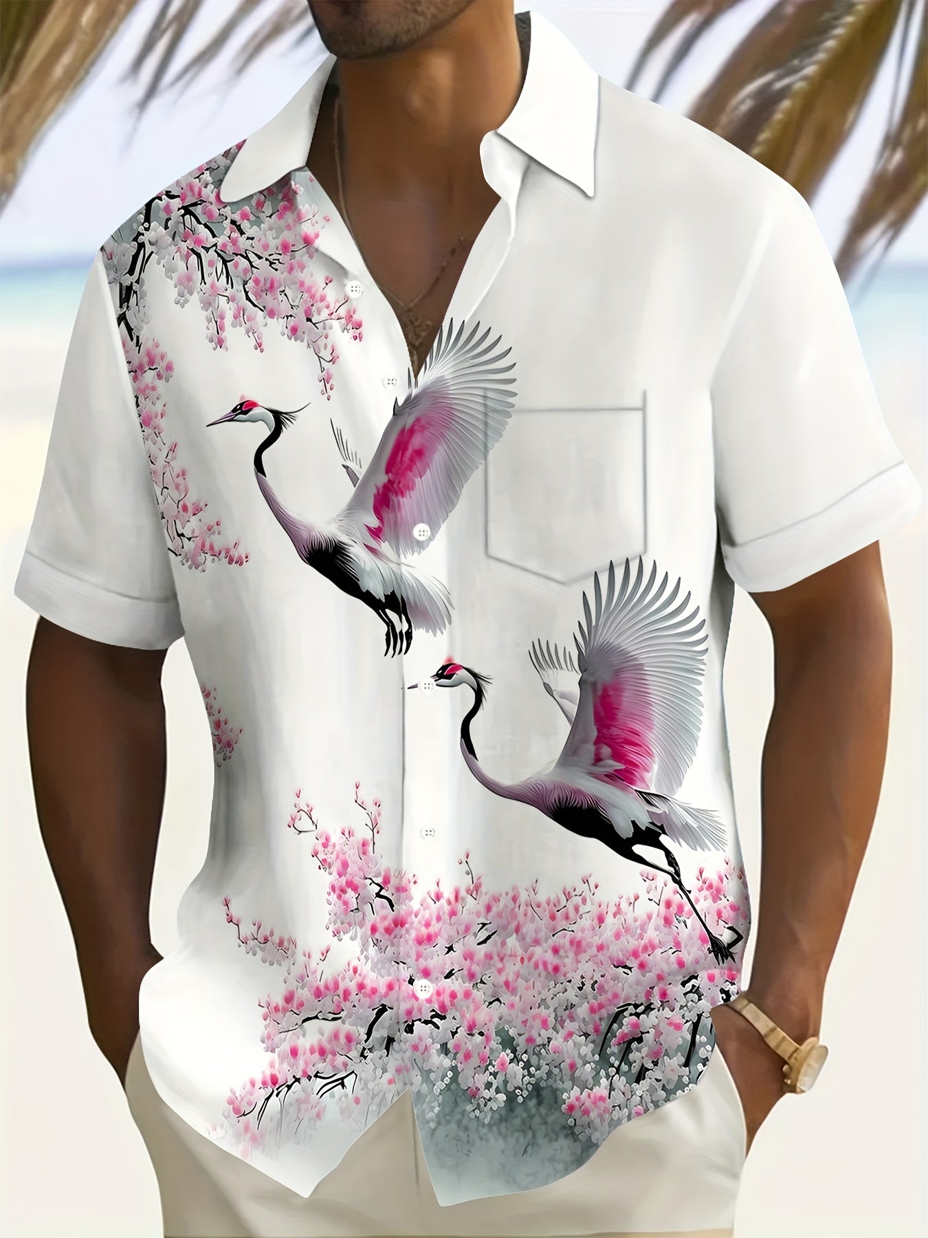 Men's Lightweight Polyester Short-Sleeve Shirt with Vibrant Red-Crowned Crane & Cherry Blossom Print, Casual Lapel Collar, Summer Fashion Top for Adults & Teens, Beach Attire | Vibrant Pattern Tee | Glossy Finish Shirt