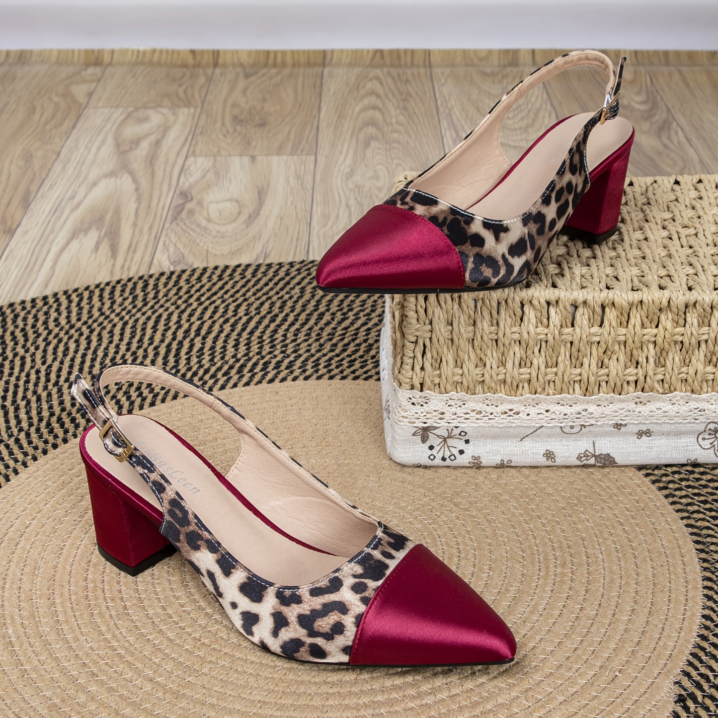Women's Wine Red Leopard Print Slingback High Heel Pumps 2.36 Inch Chunky Block Heel Pointed Toe Comfortable Fabric and PU Cover Versatile for Summer Parties Casual Outings Office Ideal Gift for Fashion Women