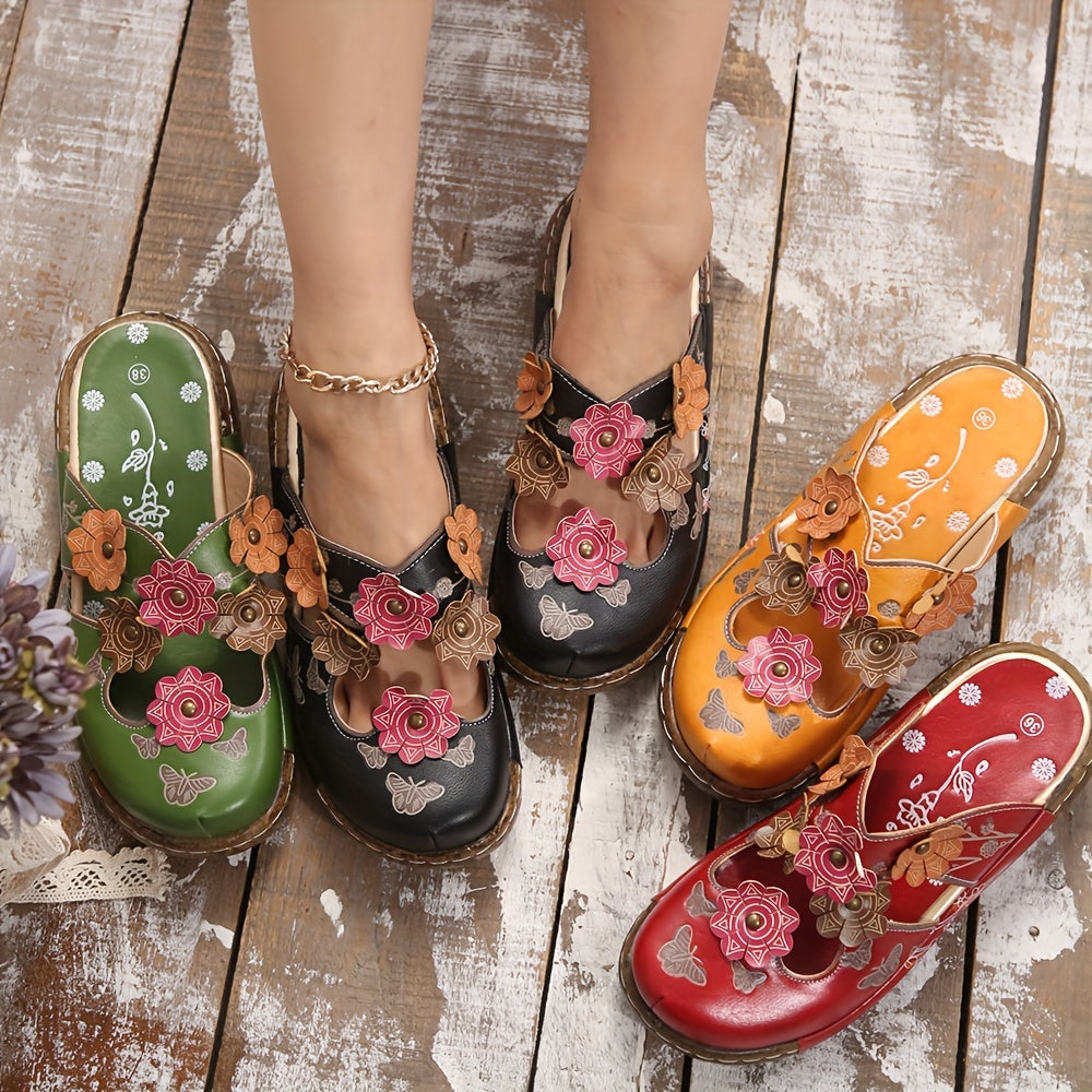 Women's Slip-On Platform Sandals - Ethnic Floral sandals with Cushioned PU Sole, Closed-Toe for Beach, Casual, Formal Events - Green & Pink Floral accents - All-Day Comfort Footbed - Women's Bohemian Footwear, Ladies Shoes An