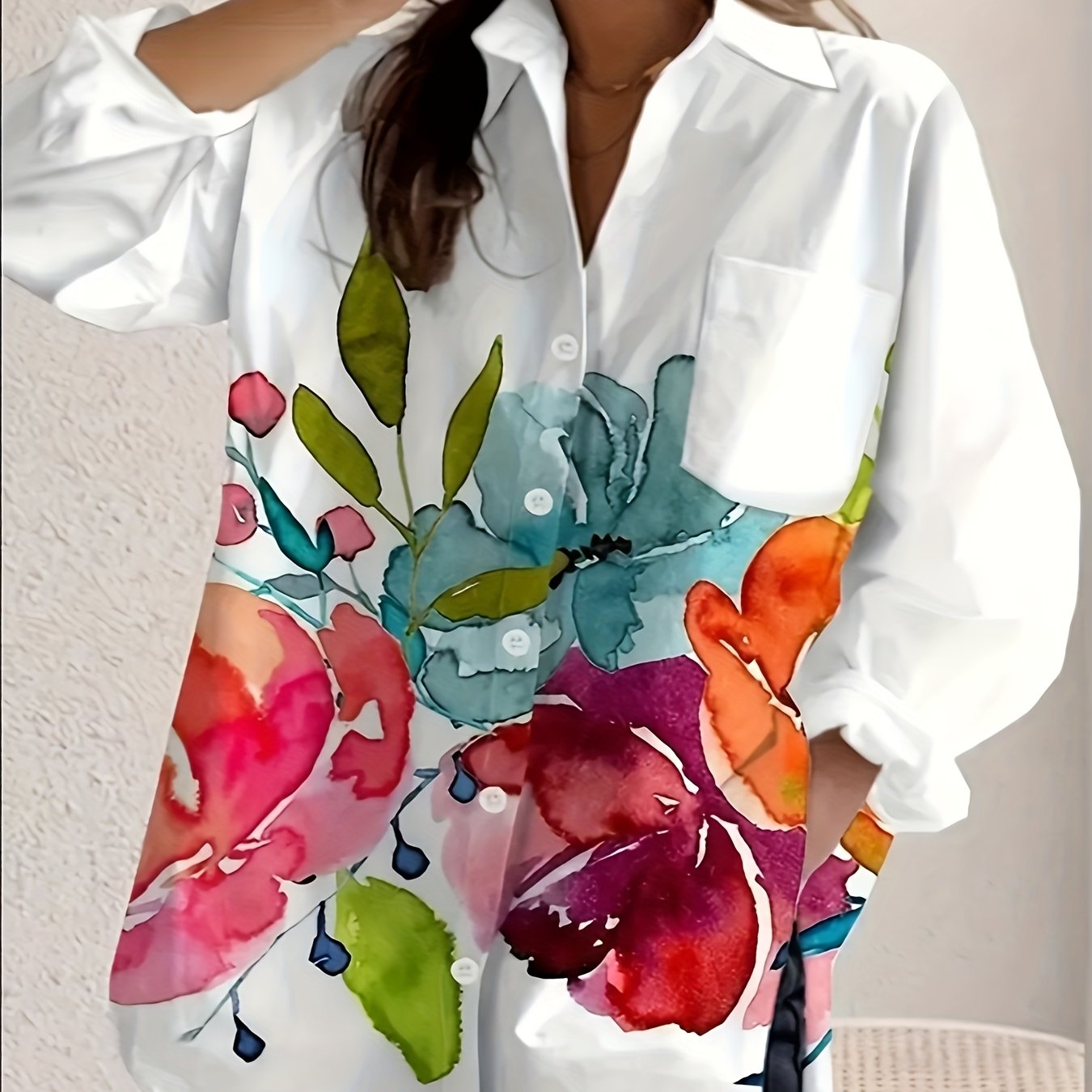 Women's Vibrant Floral Print Button-Up Shirt - Casual Long Sleeve with Turn- Collar, Machine Washable, All-Season Elegance, White Base with Colorful Flower Design, Casual Wear | Loose Fit Blouse | Nonelastic Fabric