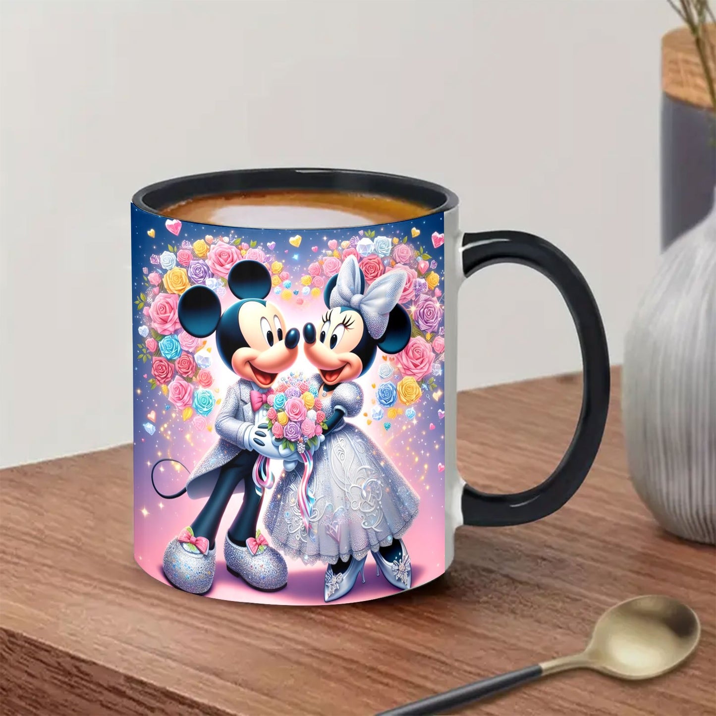 Mickey & Minnie Mouse Wedding Easter 11oz Ceramic Mug - Floral Heart & Stars Design, Versatile for Coffee, Tea, Milk, Home Office Cafe Restaurant, Birthday & Easter Gifts, Durable Ceramic Cup, Cafe Cup | Decorative Cup | Dura