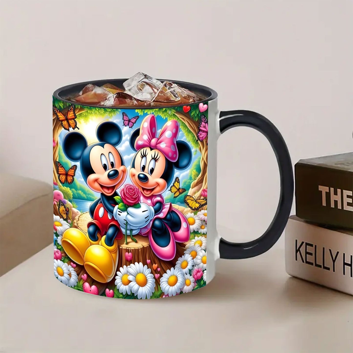 1pc Disney Mickey & Minnie Mouse 11oz Mug - Vibrant Tropical Design with Flowers, Butterflies & Hearts - Durable Coffee Tea Cup for Home, Office, Restaurants - Perfect Birthday Easter Gift for Disney Fans