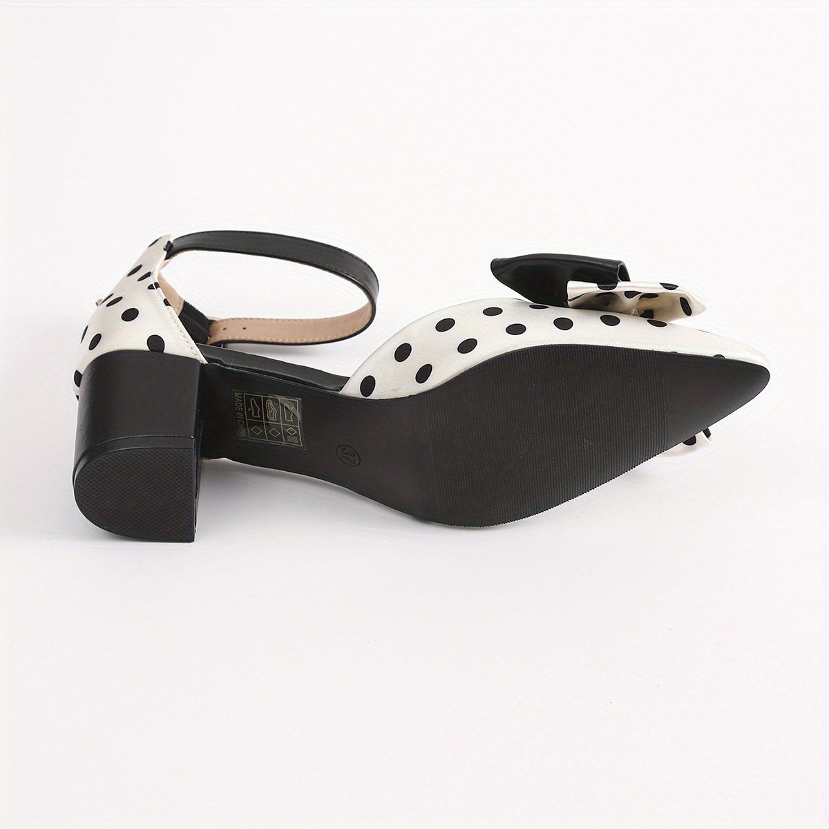 Women's Summer Pointed Toe Mary Jane High Heels with Polka Dot and Black Bow Accents Chunky Heel Breathable Synthetic Cover and TPU Sole Casual or Formal Occasions Stylish Sweet Aesthetic Shoes