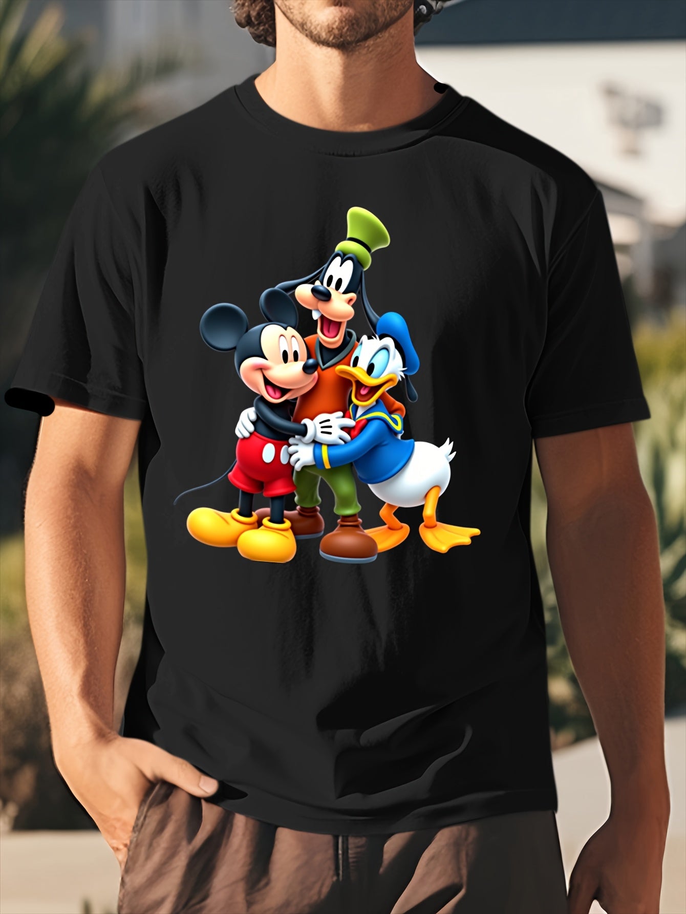 Mickey Goofy Donald Hug All Season 220g Cotton Single Sided Printed Crew Neck Short Sleeve T Shirt