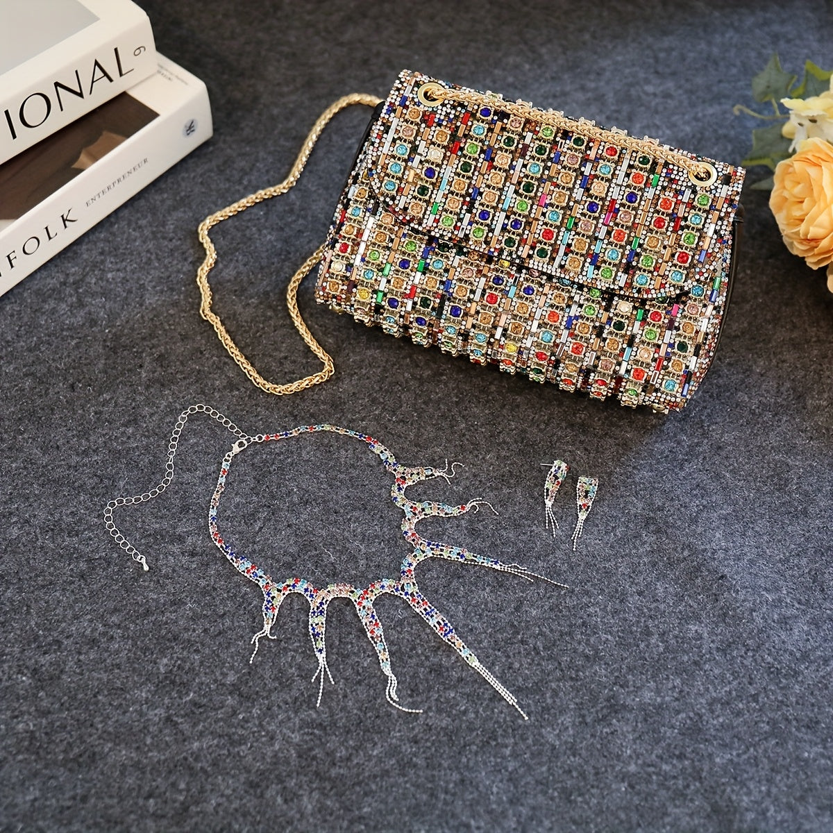 4pcs Of Luxurious Ladies' Dinner Clutch Bag with Jewelry, 1 Set Of Sparkling Wedding Party Ball Banquet Clutch Bag, - Elegant Multi-color PU Handbag with Adjustable Shoulder Strap, Ladies' Necklace And Earrings