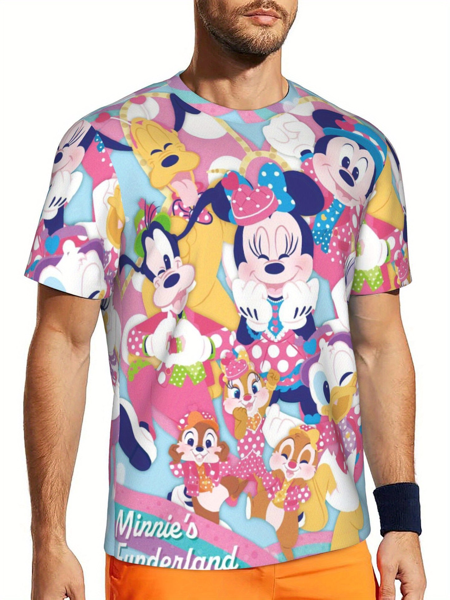 1pc Men's Disney Minnie Mouse 3D Print T-Shirt - Vibrant Cartoon Design, Short Sleeve Round Neck, Machine Washable, Beach Pool Surfing Vacation Casual Wear, All-Season Comfort, Poolside Fashion, Playful Style, Durable Clothin