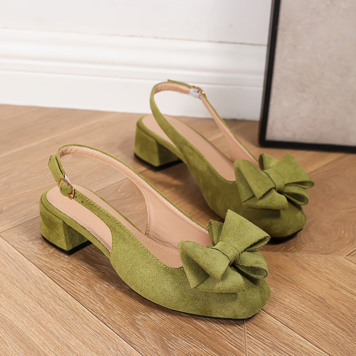 Elegant Women'S Pink Bowknot Sandals - Preppy Style Mid-Heel Pumps with Ankle Strap, Flannel Upper & TPU Sole for All Seasons