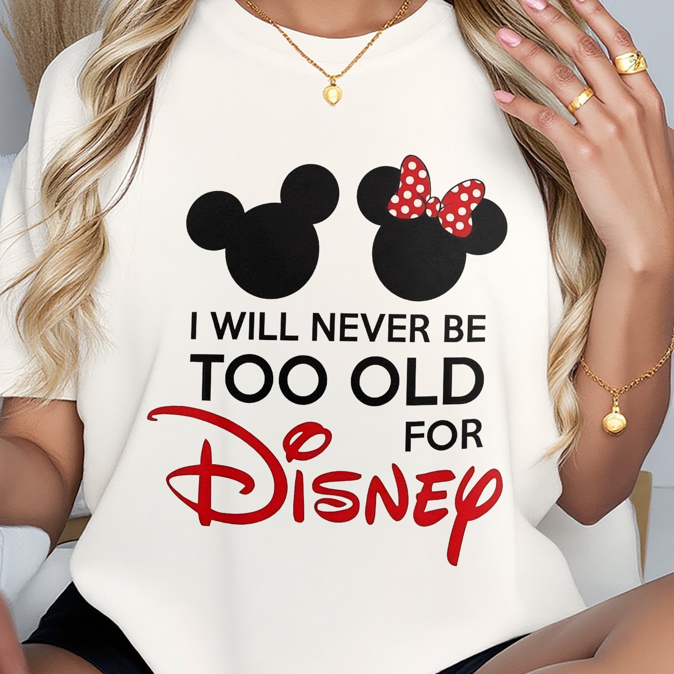 Disney Series Women's Oversized T-Shirt - Mickey & Minnie Mouse Graphic with "I Will Never Be Too Old for Disney" Text, Breathable Loose Fit Crew Neck Short Sleeve Top, Casual All-Season Comfort, Disney Fan Apparel, Playful D