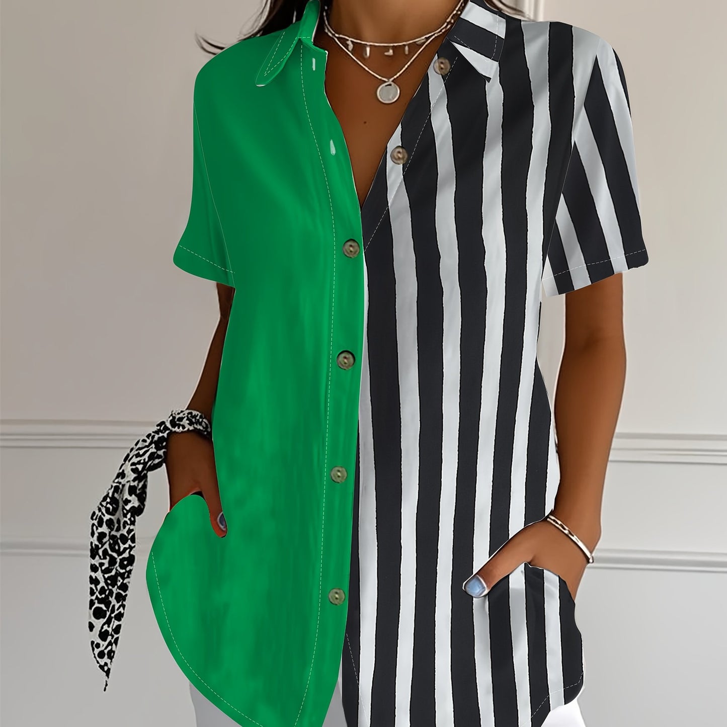 Women's Retro Casual Short Sleeve Shirt - Contrast Color Abstract Geometric Art Print, Wood Grain Buttons, Loose Fit Long Length, Breathable Summer Top for Vacation & Casual Attire, Short Sleeve Blouse