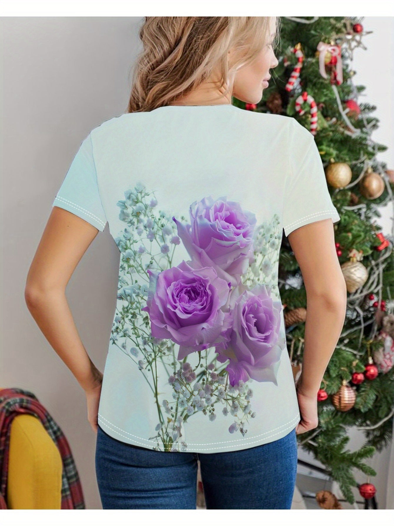 Women'S T-shirt With Purple Rose Print - Comfortable Short Sleeved Round Neck - Perfect Choice For Spring And Autumn Casual Wear