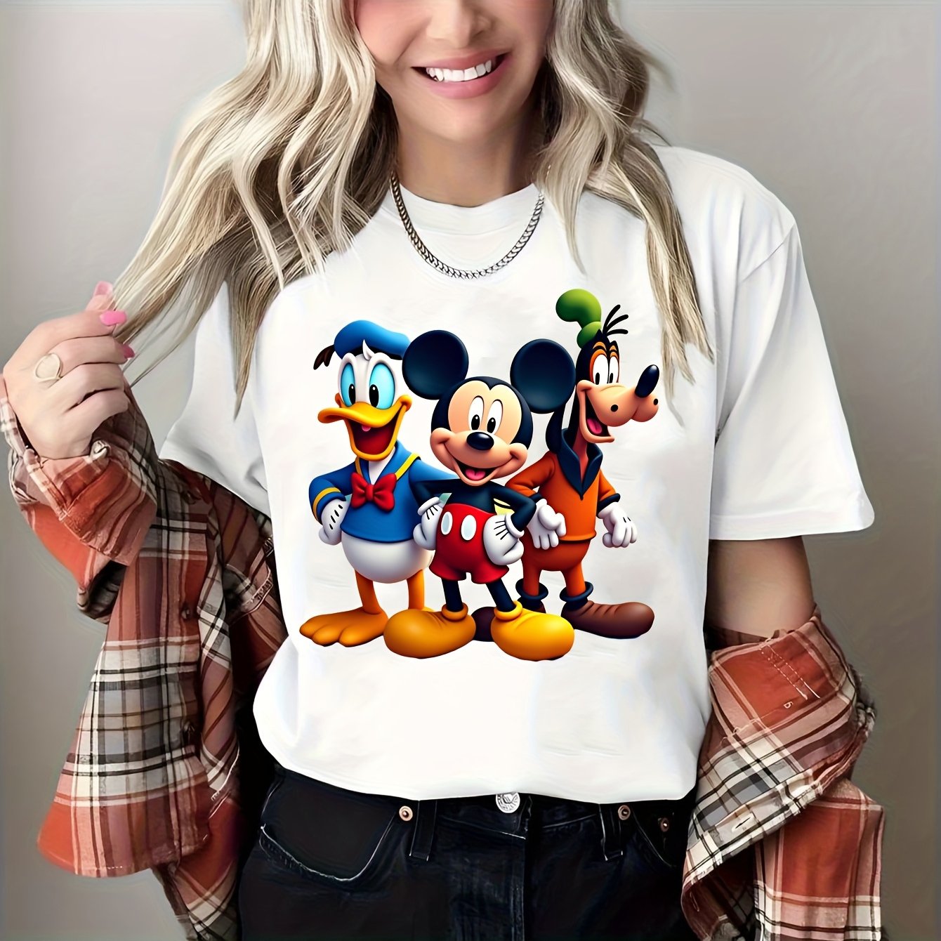Authorized Mickey, Donald Goofy & Mickey Mouse T-Shirt - 220g Cotton, Single-Sided Print, Crew Neck, Short Sleeve - Casual Sports Style for All Seasons