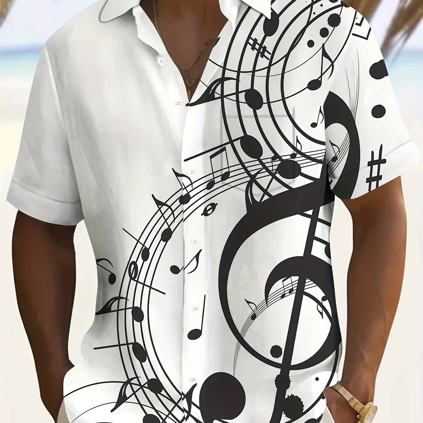 Men's Vintage Music Note Print Short-Sleeve Shirt with Chest Pocket - Lightweight Polyester, Non-Stretch, Machine Washable - Ideal for Summer Casual Outings, Beachwear Shirt | Buttonup Shirt | Lightweight Shirt