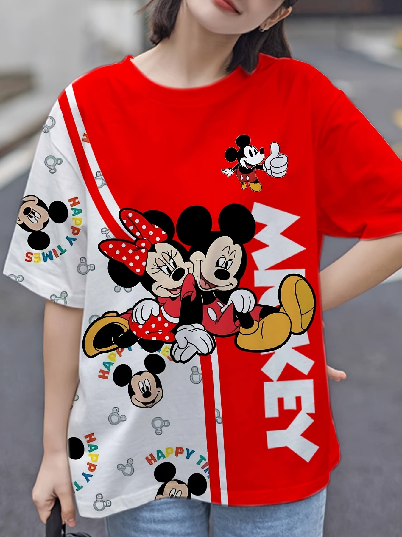 Disney Mickey 3D Printed Large Size T-shirt, Mickey 3D Red And White Stitching Printed Short Sleeves, Disney Mickey Mouse Large Size Women'S Clothing