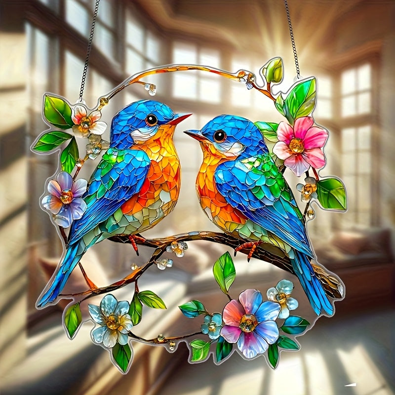 2D Flat 1pc Acrylic Blue Birds Garden Suncatchers 8x8 Window Hanging Gifts for Bird Lovers Home Decor