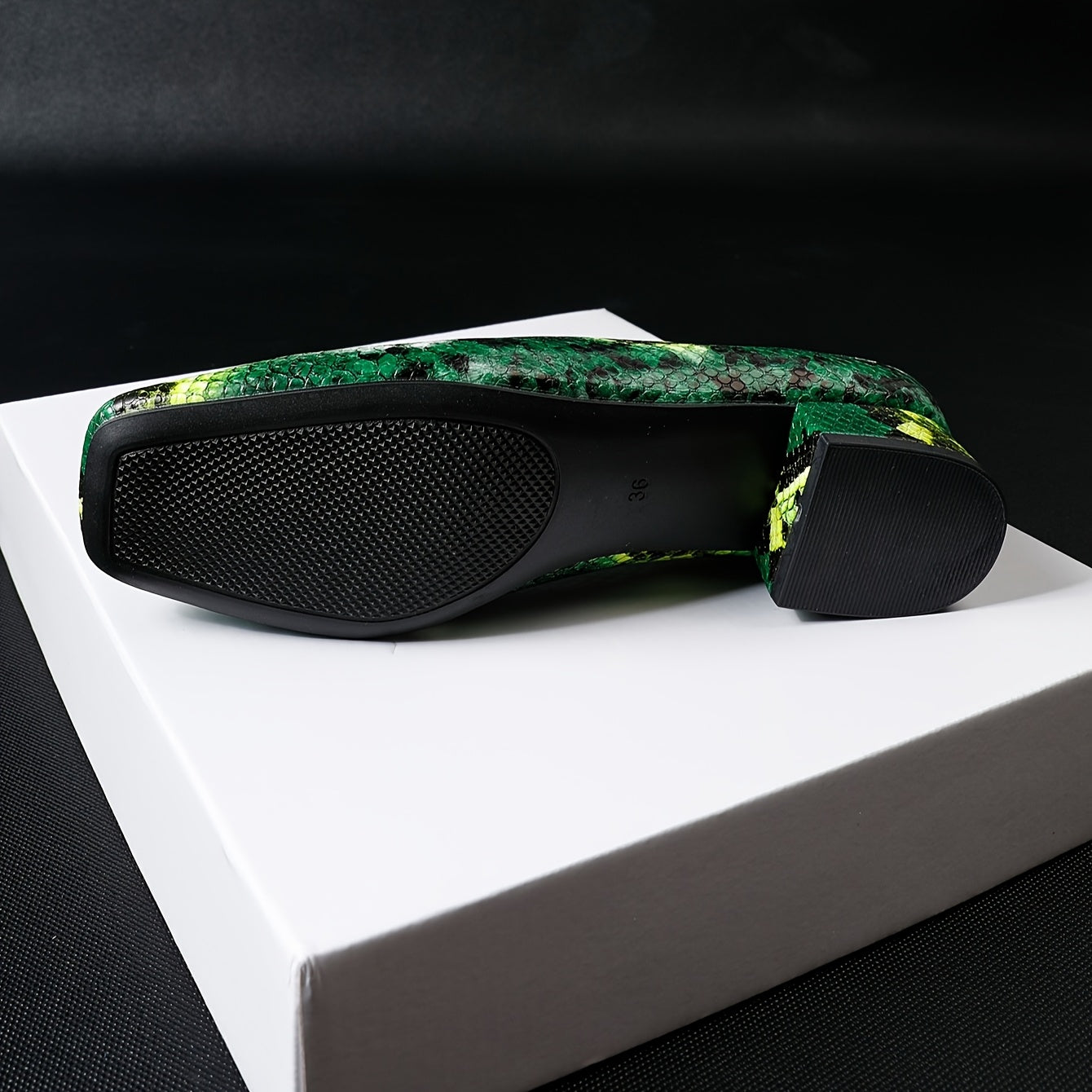 Women's Snake-Print Square Toe Low Block Heel Slip-On Shoes - Vibrant Green Faux Cover Comfortable Casual & Formal Dress Shoes with Non-Slip Rubber Sole, All-Season Versatile (Extended Sizes Available), Everyday Stylish Wear,