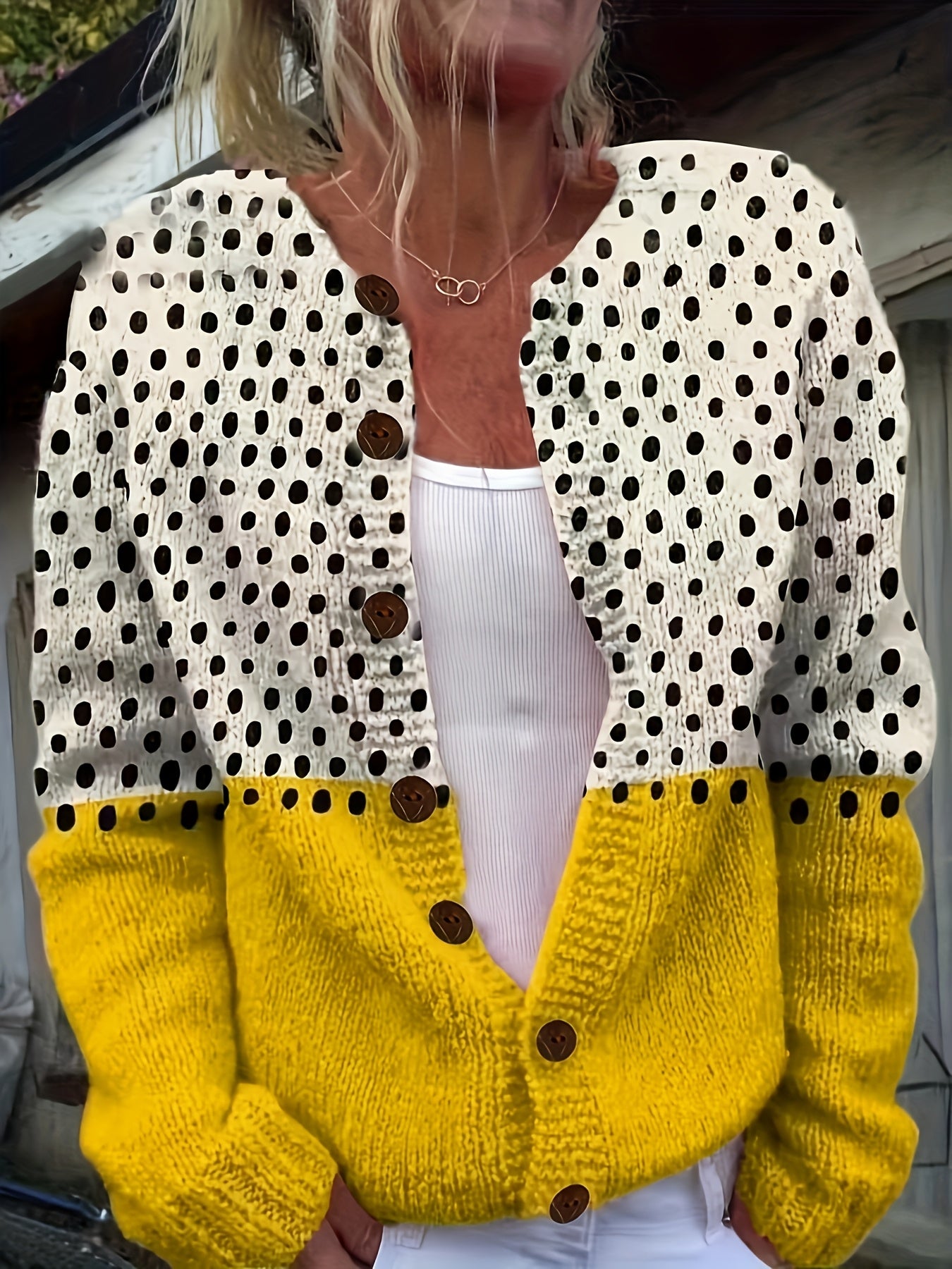 Women'S Stylish Green and White Polka Dot Cardigan - Round Neck, Button-Up Knit Sweater, Layered Design, Long Sleeves, Shiny Finish - Perfect for Casual or Younger Style Attire, Casual Wear|Layered Cardigan|Polyester Fabric