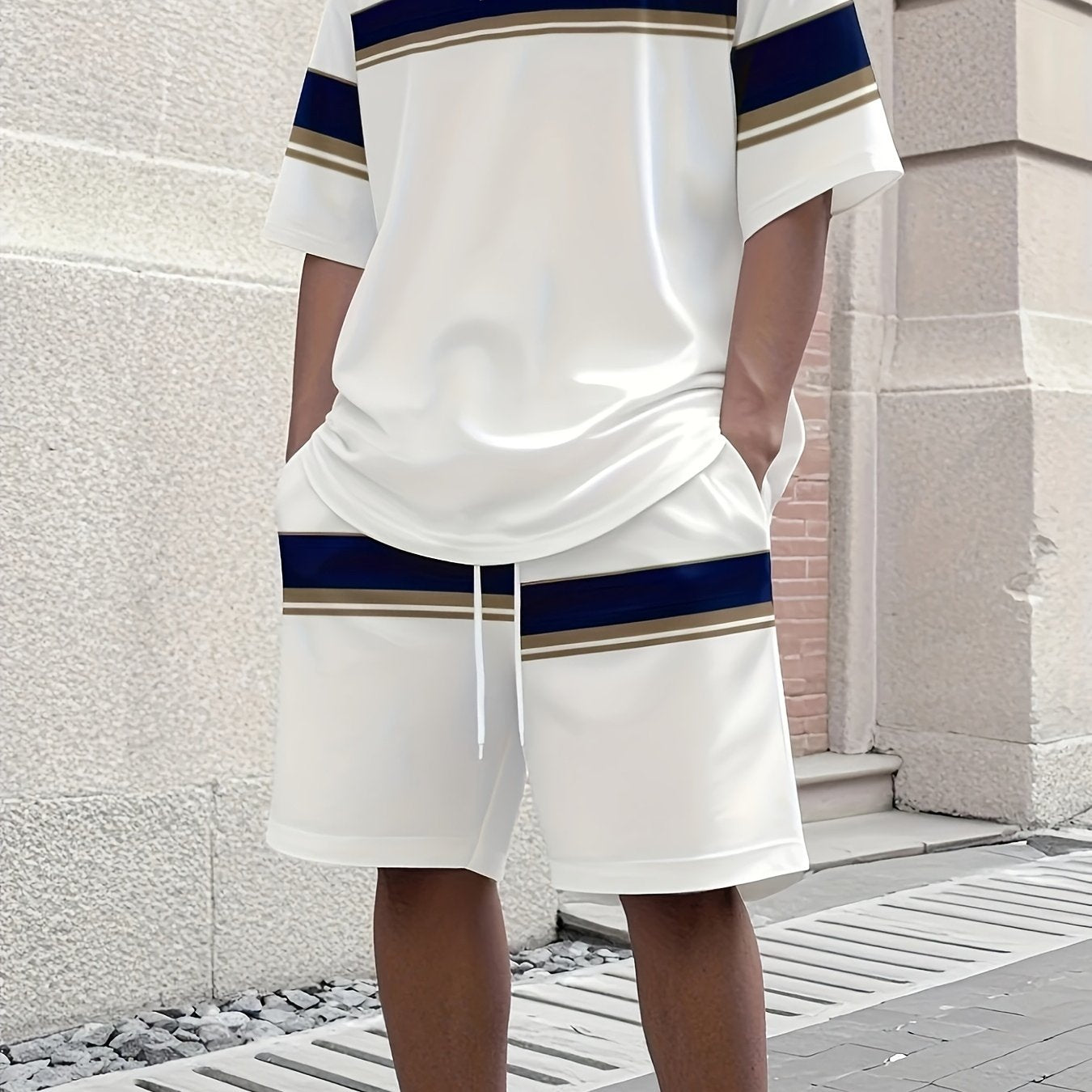1 Set Of Men's Summer White Sports Casual Wear, Polyester Knitted Crew Neck T-shirt And Shorts Set, Breathable And Elastic, Sportswear, Striped, Suitable for Training And Leisure