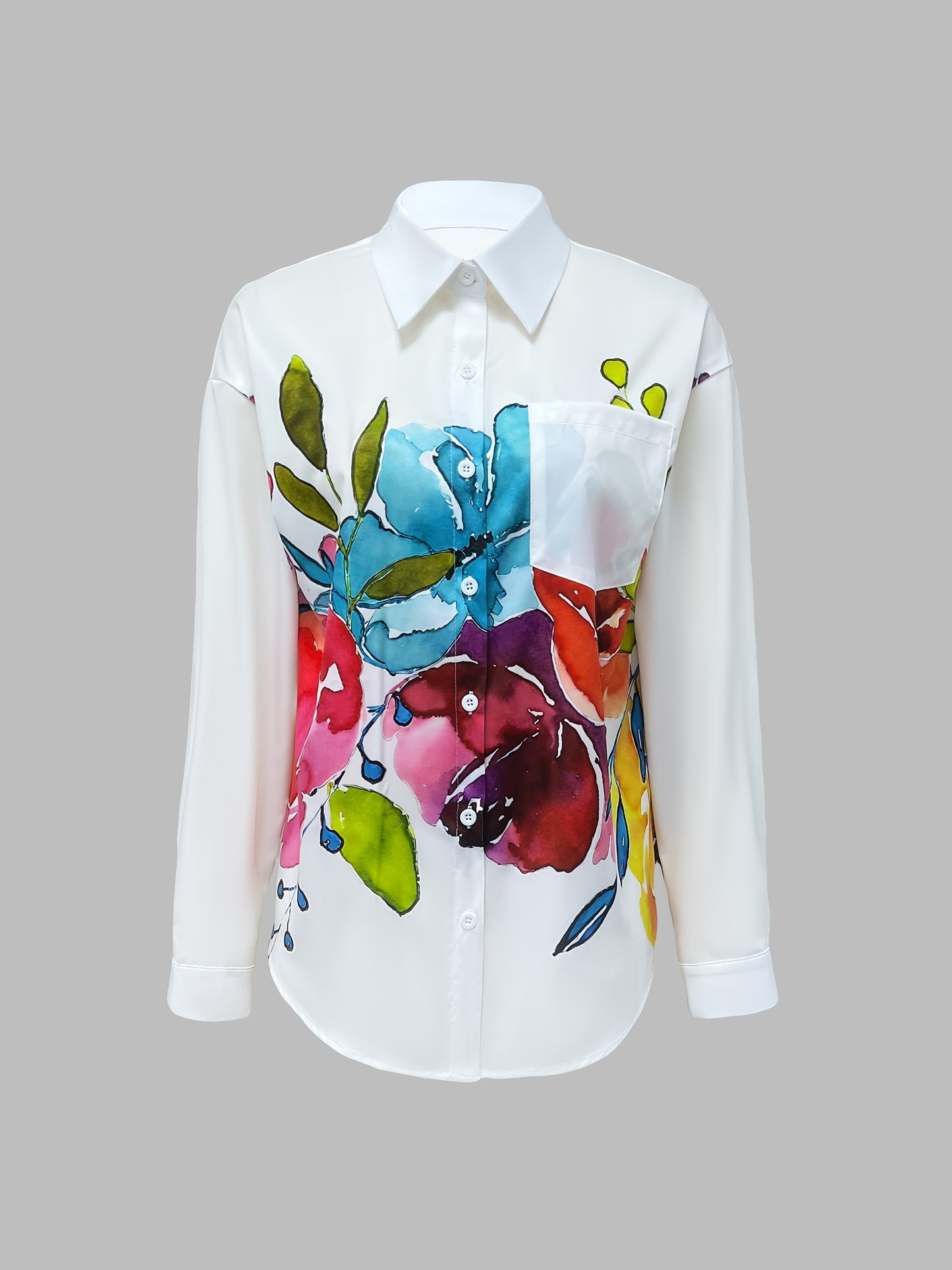 Women's Vibrant Floral Print Button-Up Shirt - Casual Long Sleeve with Turn- Collar, Machine Washable, All-Season Elegance, White Base with Colorful Flower Design, Casual Wear | Loose Fit Blouse | Nonelastic Fabric