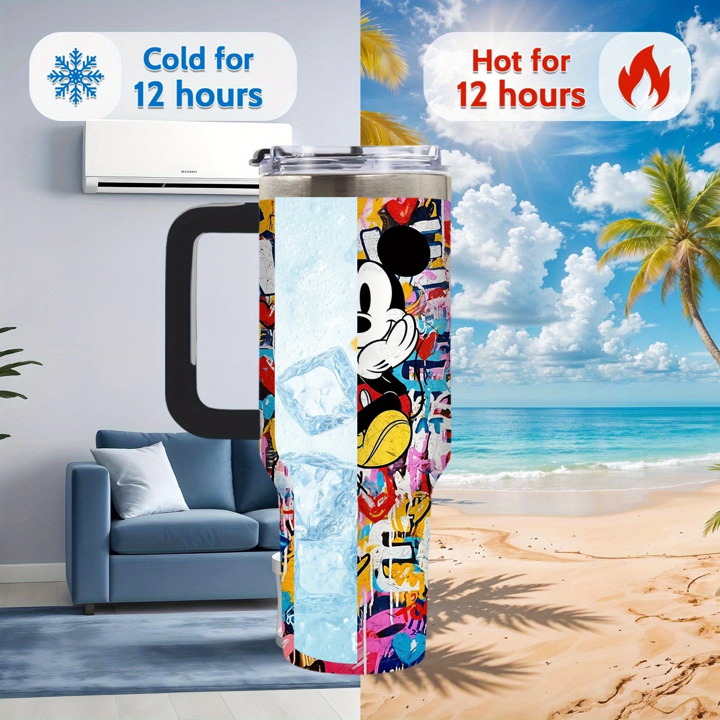 40oz Disney Mickey Mouse Stainless Steel Tumbler with Lid & Straw, BPA-Free, Vibrant Inkjet Design, Keeps Drinks Hot or Cold, Perfect for Camping, Indoor Use, and Gifts, Indoor Beverage Cup | Playful Graphic Cup | Easygrip Ha