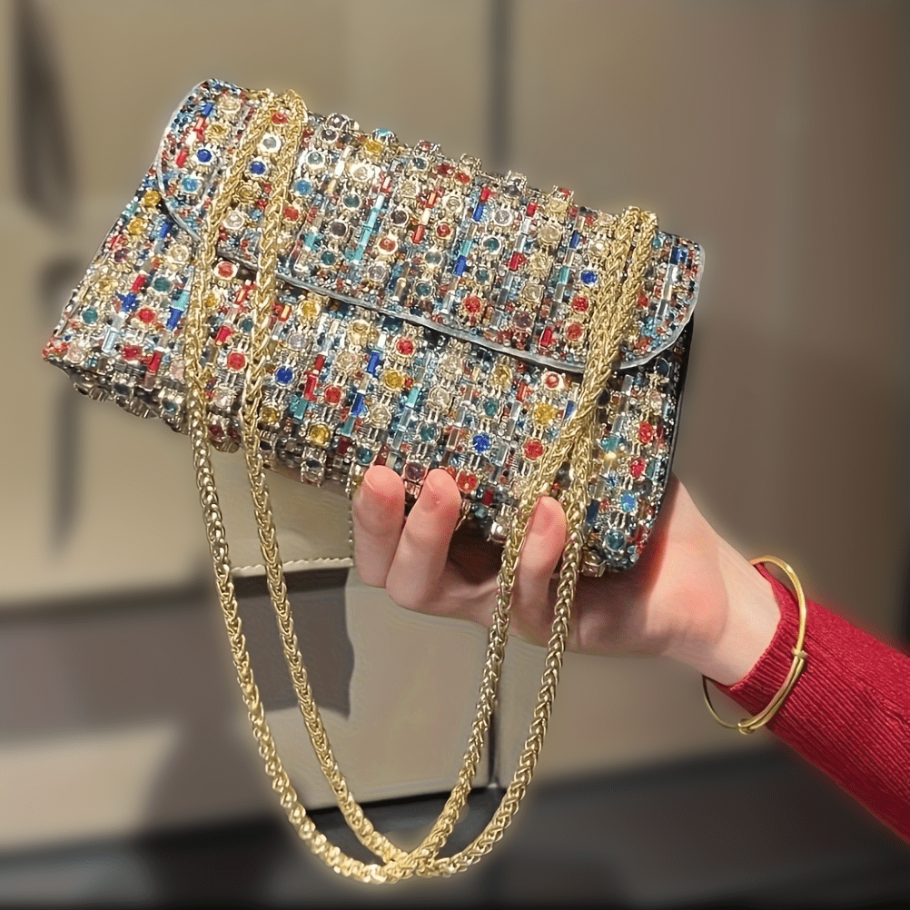 Luxurious Rhinestone and Beaded Women’s Evening Clutch Elegant Multicolor PU Handbag with Adjustable Strap and Golden Tone Hardware for Banquets Weddings and Formal Events