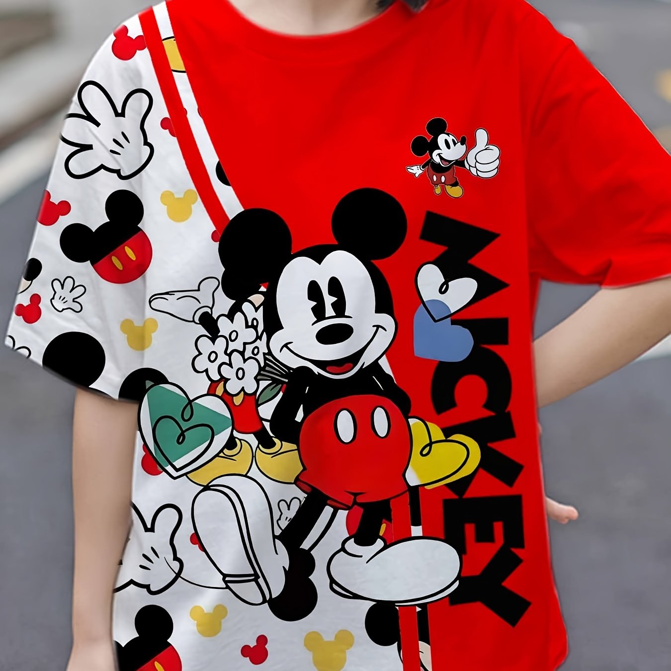 Disney Mickey Mouse Women's Large Size 3D Printed T-Shirt - Vibrant Red Casual Short Sleeve Top with Playful Cartoon Graphics, Machine Washable Spring/Summer Tee, Spring Summer Apparel, Durable Digital Print