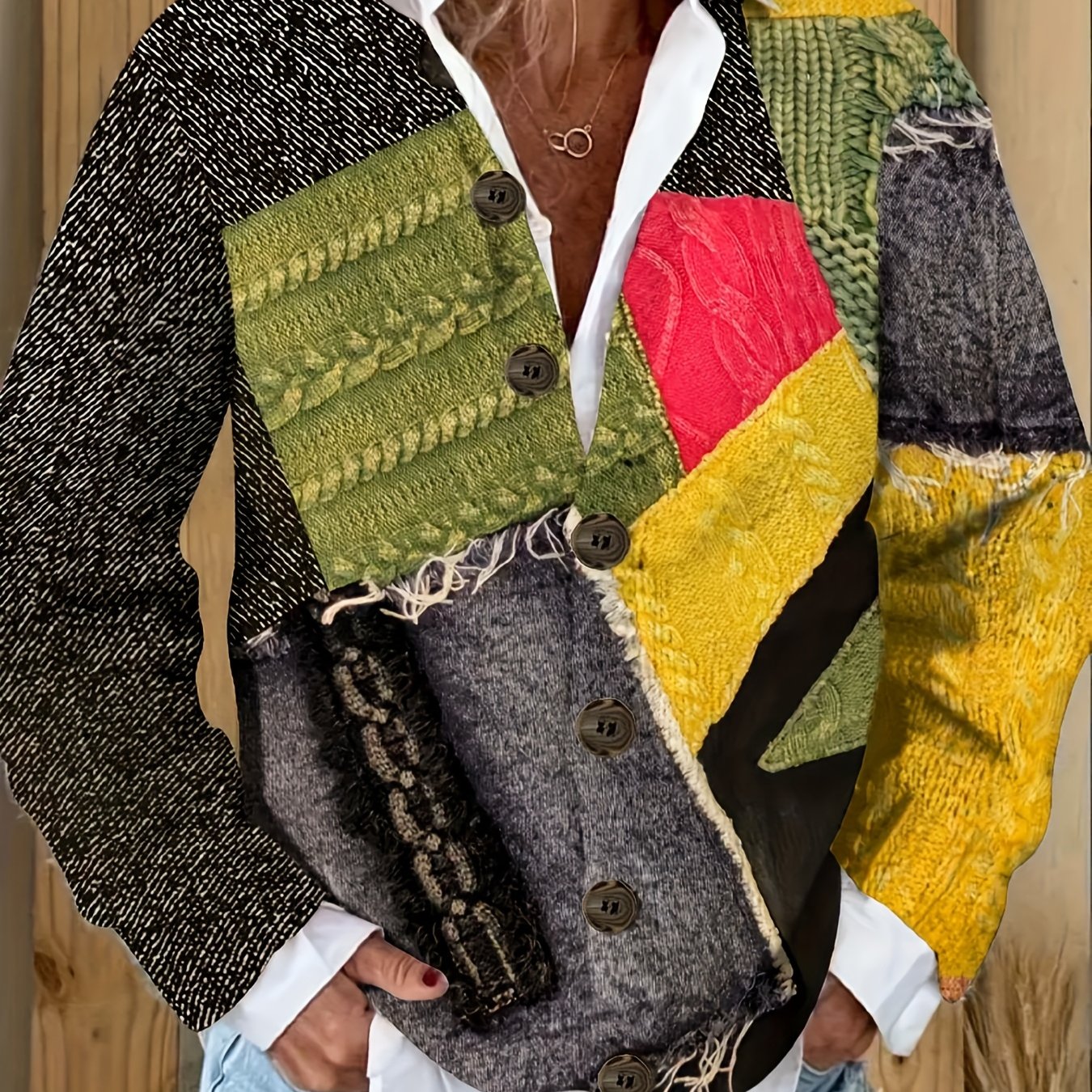 Plus Size, Plus Size Women's Lightweight 280gsm Polyester Cardigan - Casual Long Sleeve Open Front with All-Over Geometric Print, Button Front Placket & Regular Fit for Spring/Fall Layering, Hand Wash Only, Layering Piece, Sp